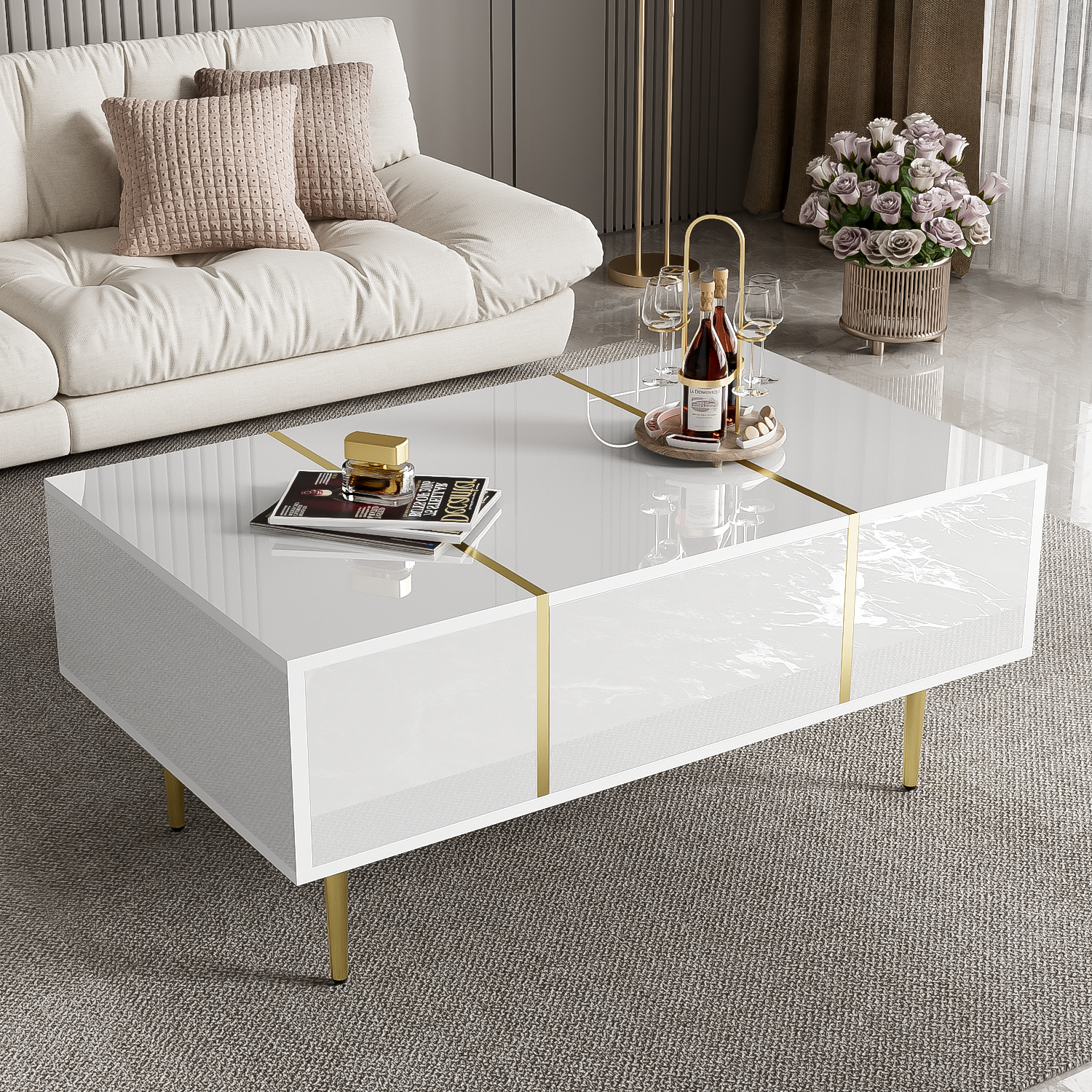 White Coffee Table, High Gloss Modern with 2 Drawers