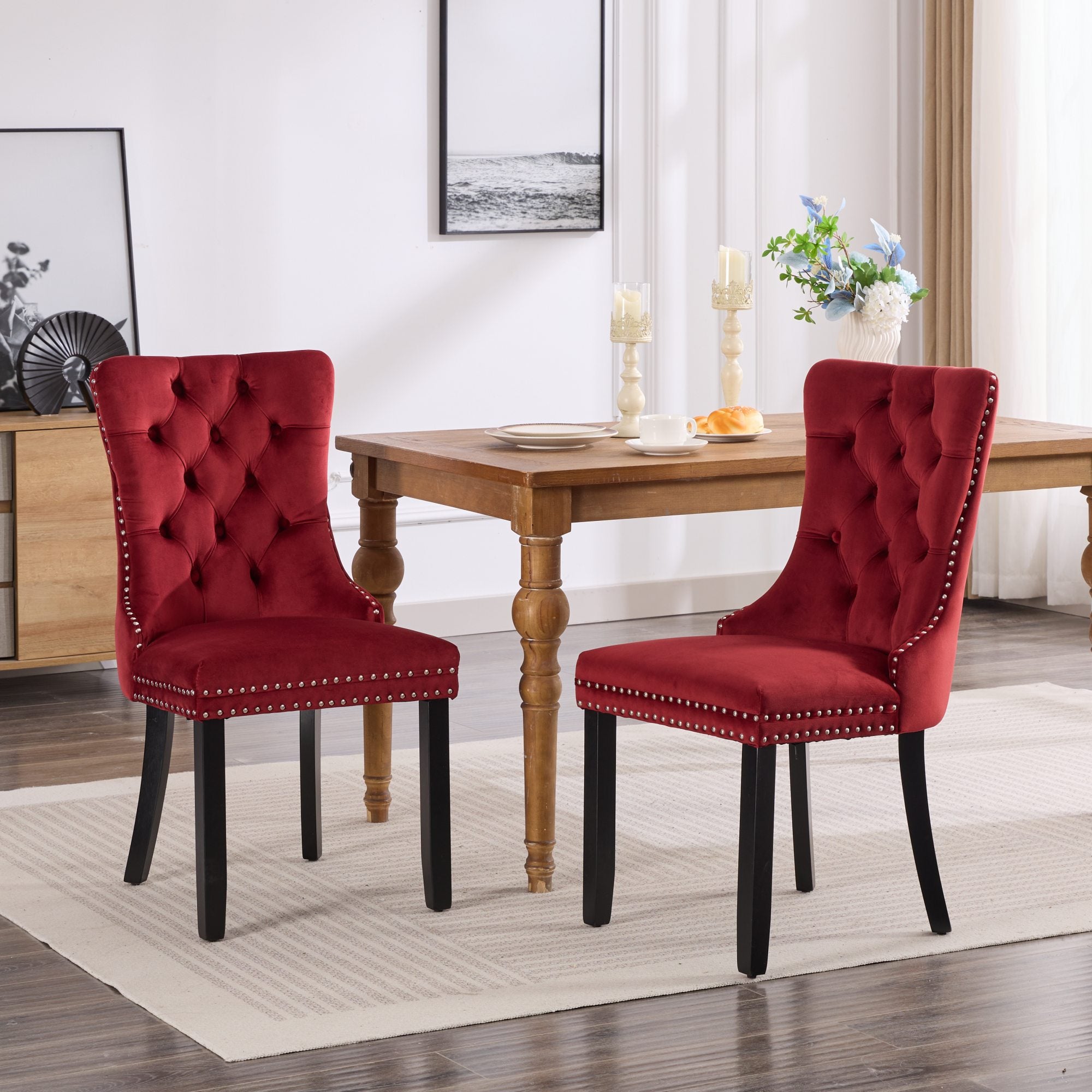 Classic Velvet Dining Chairs Tufted Solid Wood Legs Nailhead - Set of 2 Burgundy