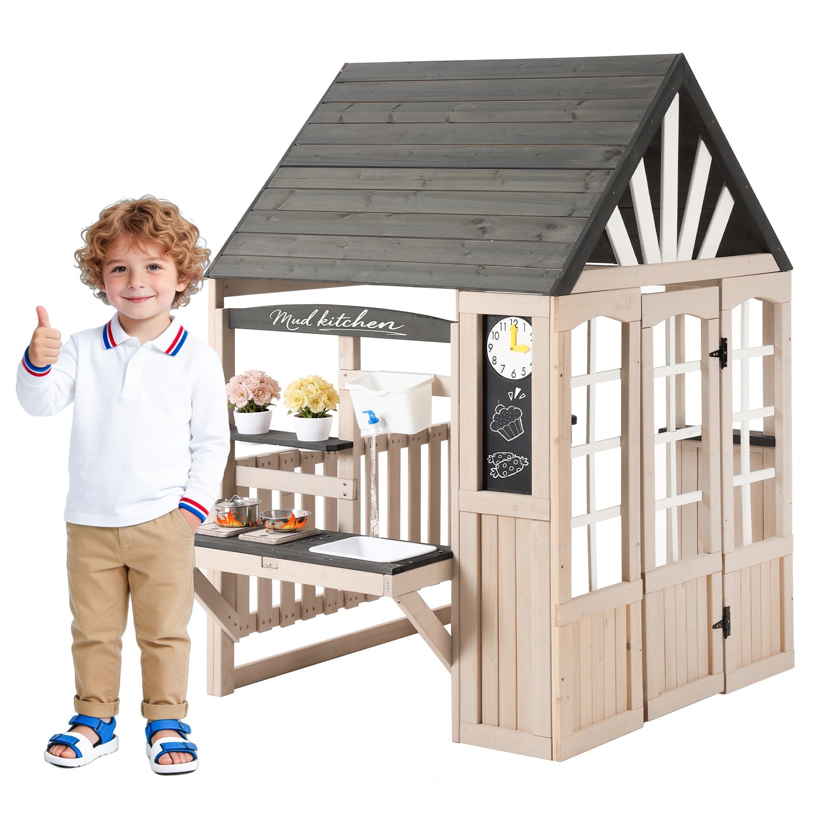 Outdoor Mud Kitchen with Real Tap and Garden Accessories, Wood