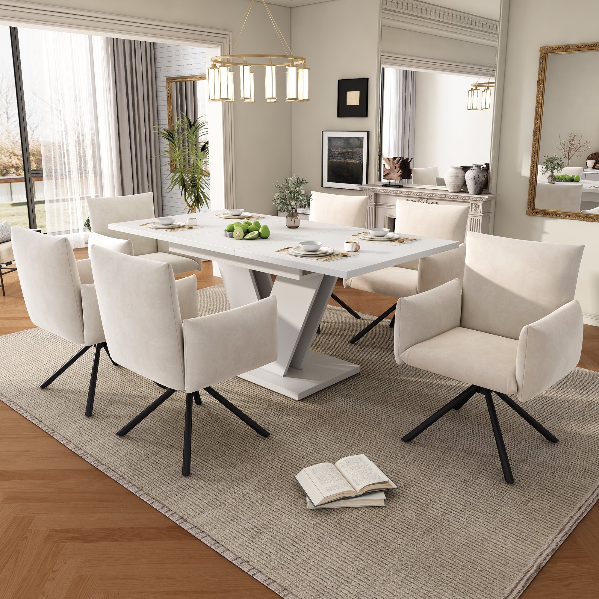 Dining Table Set with 6 Chairs, Extendable 120-160cm Table and Linen Fabric, White and Beige