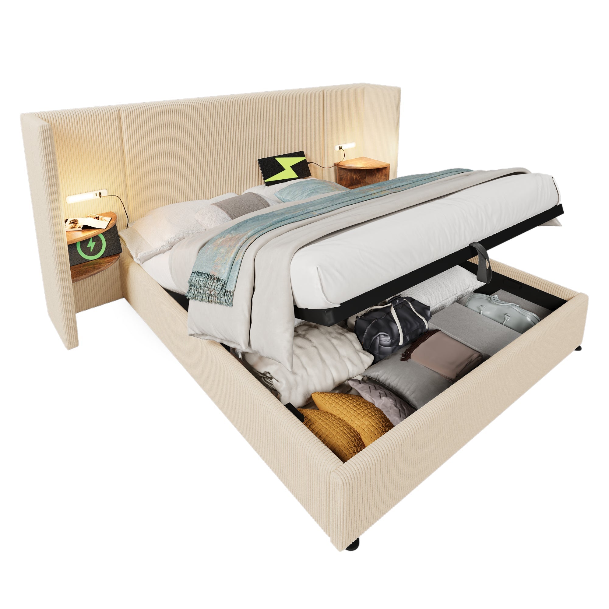 Upholstered Double Bed 180×200 with Bedside Table, Reading Lamp, USB-C, Solid Wood & Metal Frame, Beige-White Corduroy