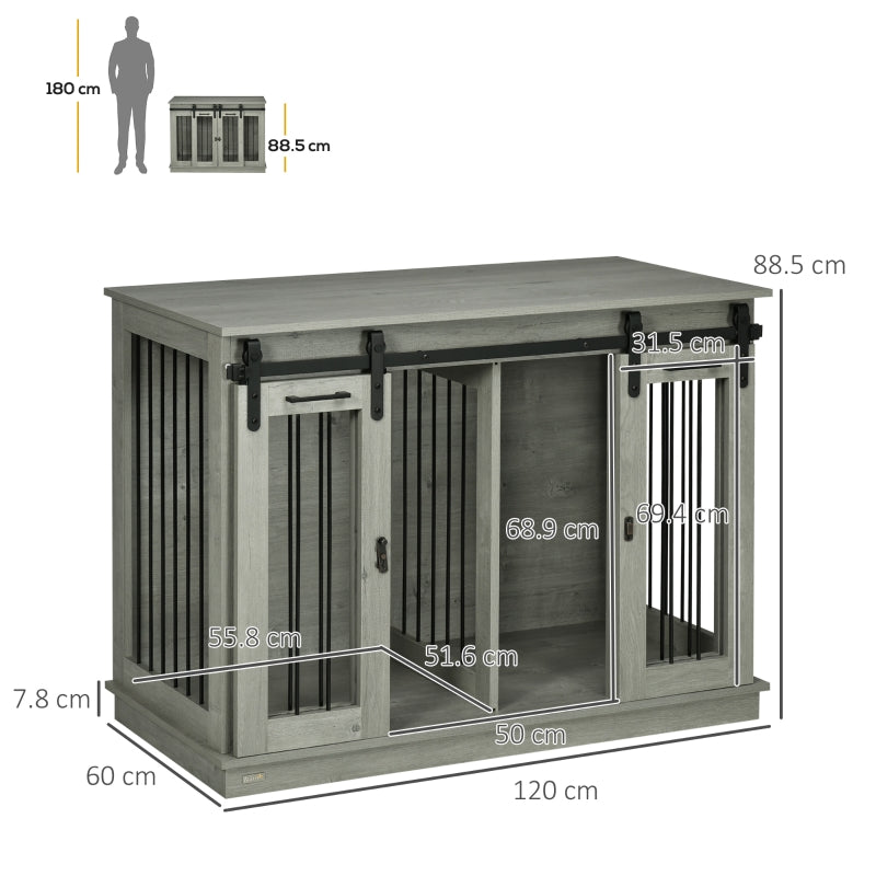 PawHut Dog Crate Furniture, Double Cage with Divider - Grey