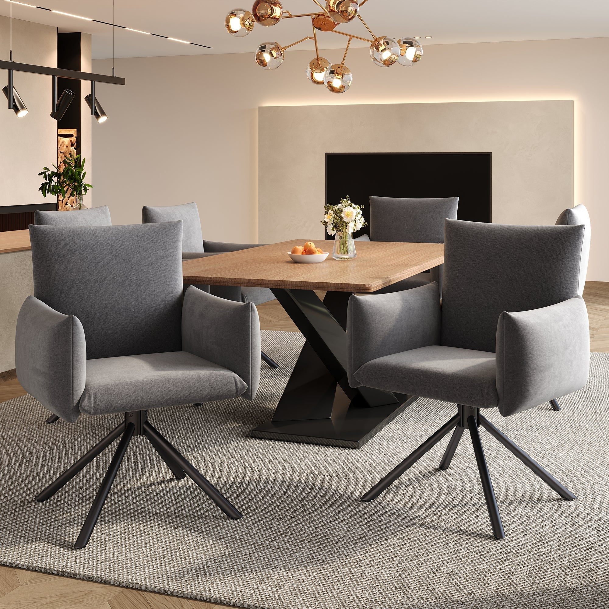 Set of 2 Swivel Chairs Upholstered Metal Legs Lumbar Support - Velvet Grey