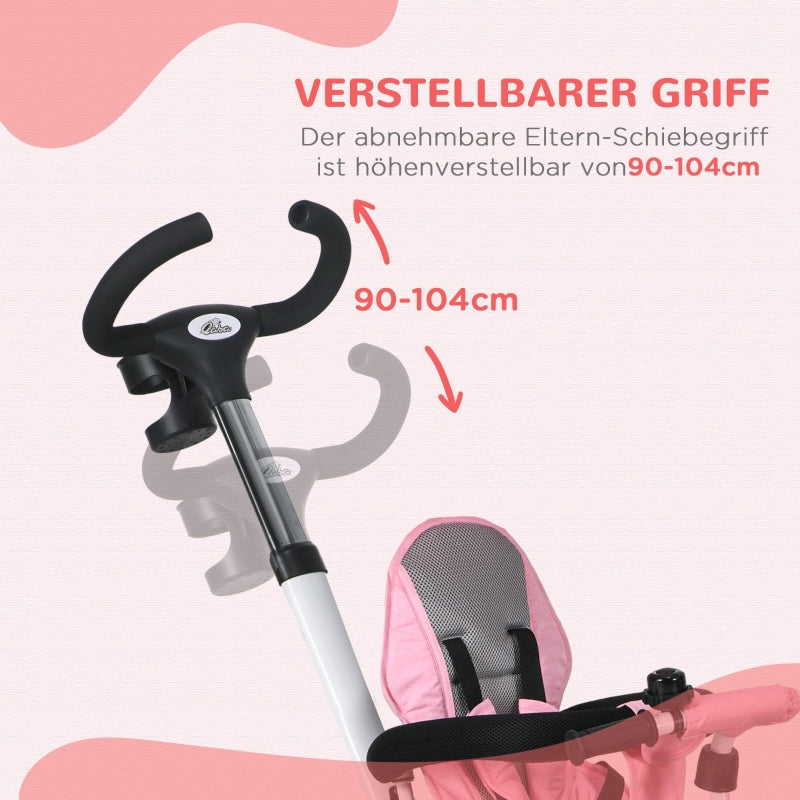 6-in-1 Children's Tricycle with Push Bar, Canopy and Storage Basket, Pink