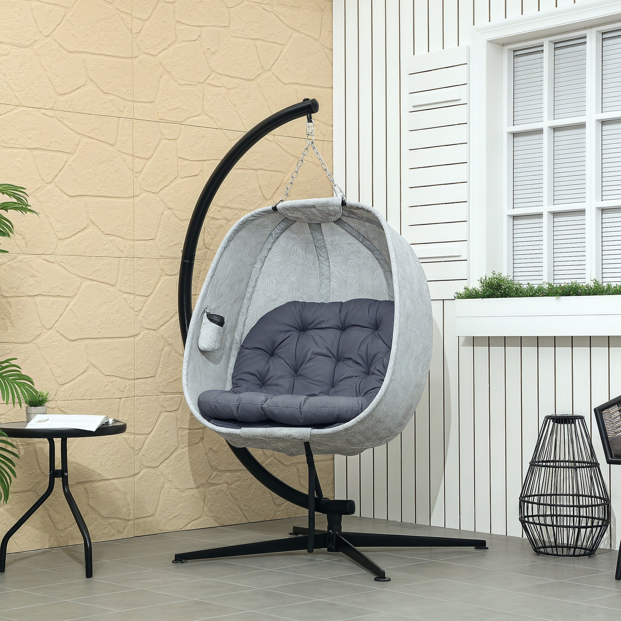Eiförmiger Outdoor-Hängesessel, klappbare Schaukel-Hängematte mit Ständer, Grau