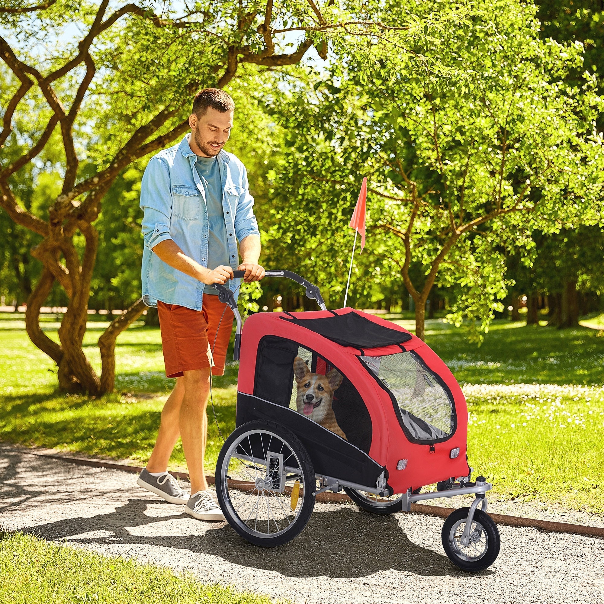 Dog Trailer Jogger, 2-in-1 Bike, Red+Black