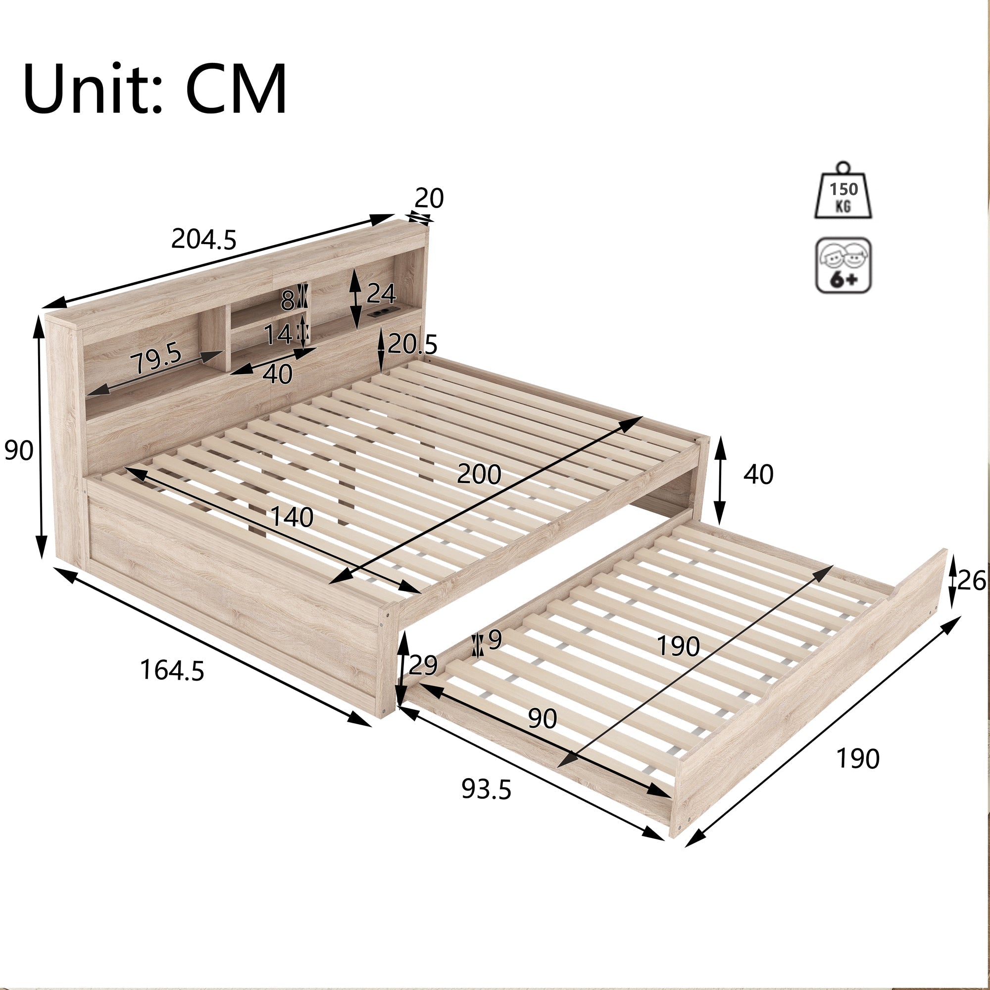 Daybed Sofa Bed 140x200cm Pull-out Bed LED Storage USB/Outlet - Natural