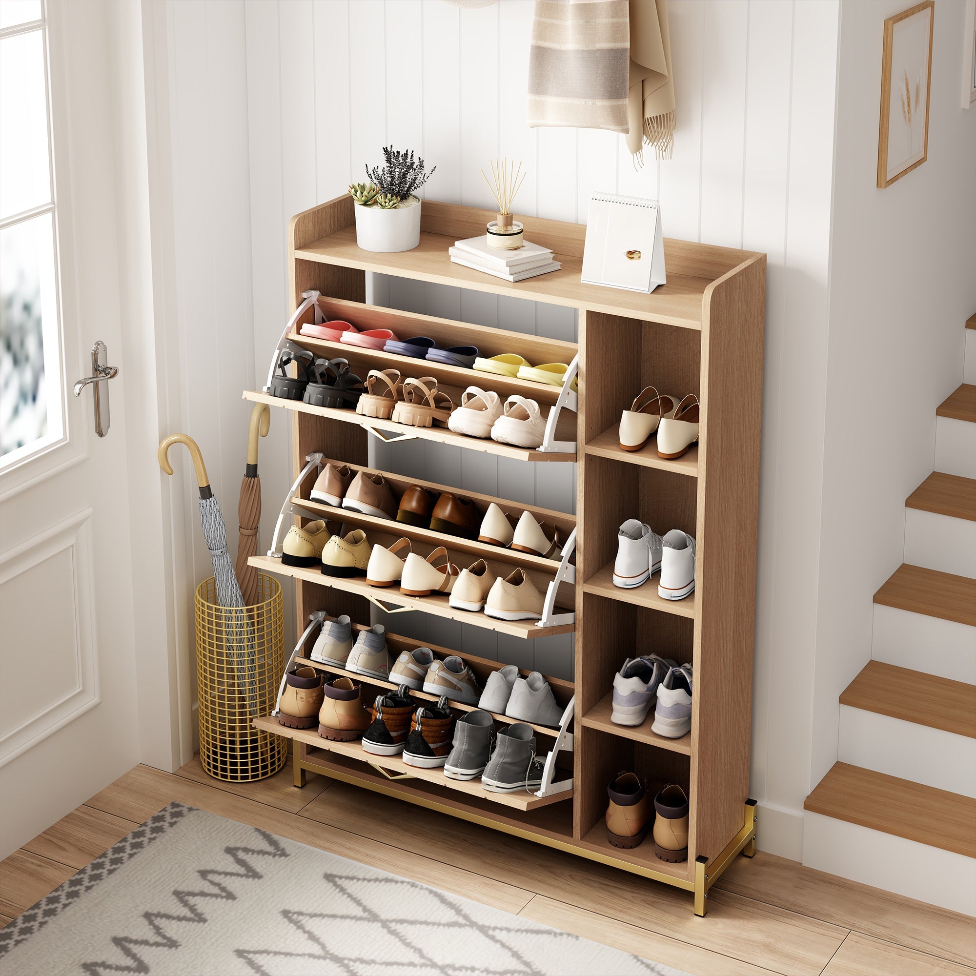 Nordic Style Shoe Cabinet with 3 Doors, Hinged Lid and Side Shelves, Oak Grain