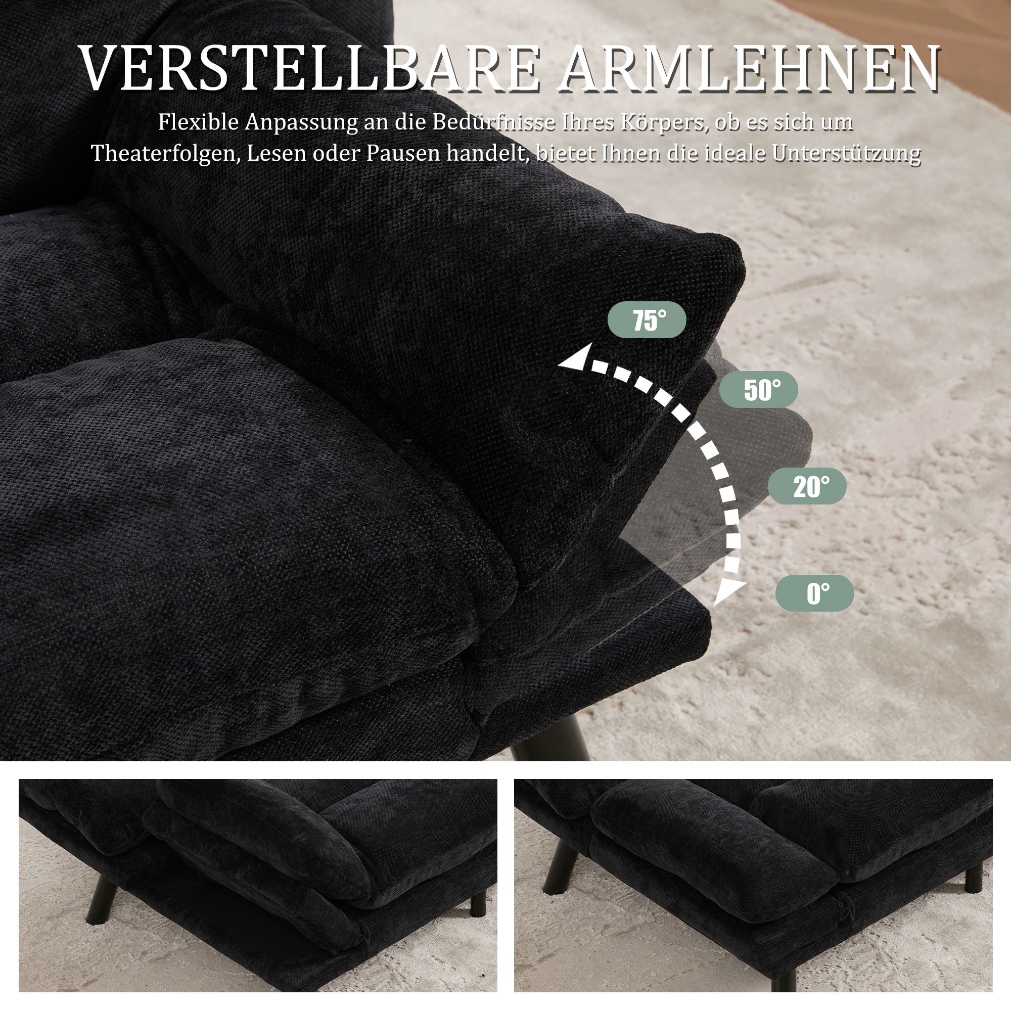 Two-Seater Sofa, Ergonomic Adjustable Breathable, Chenille/Metal