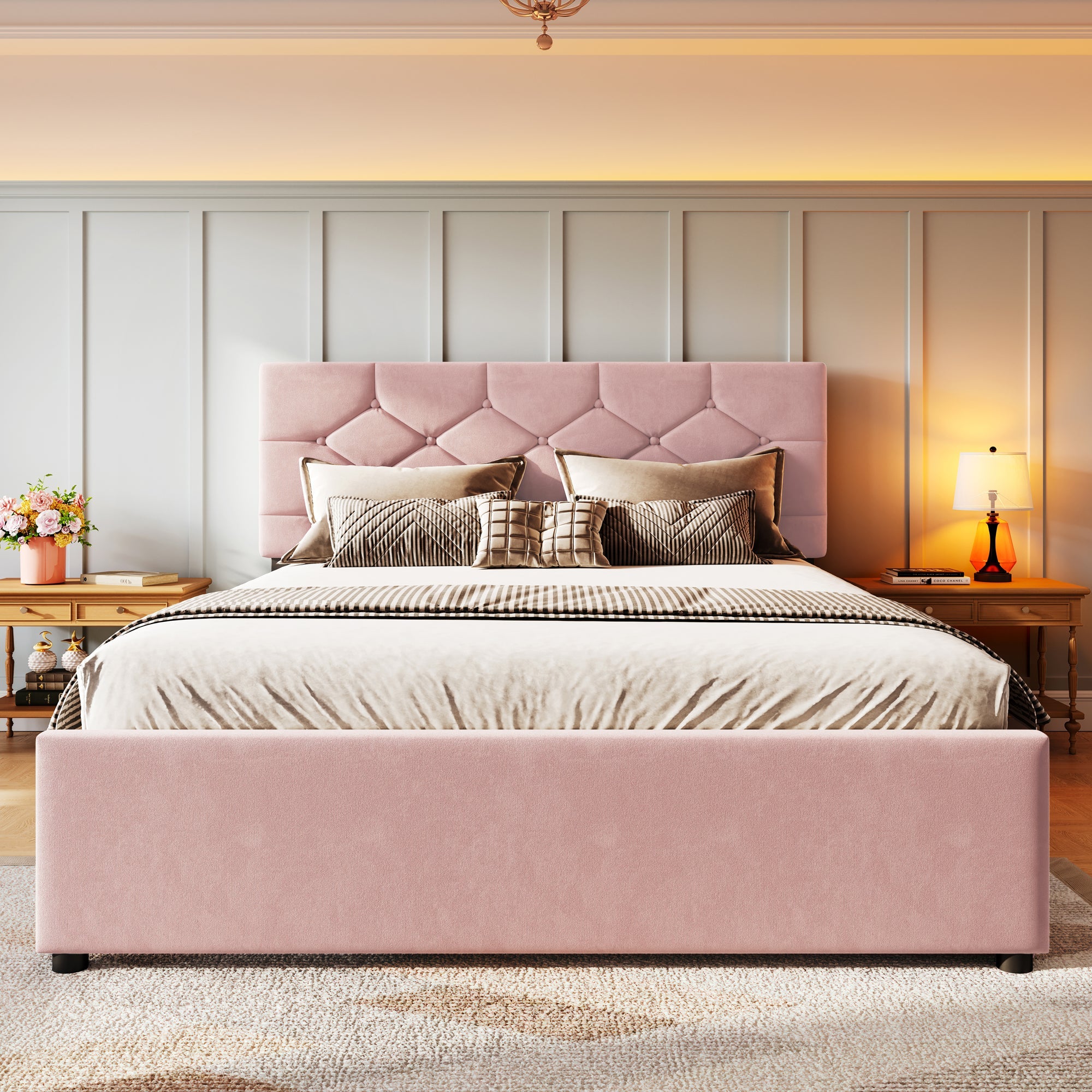 Upholstered Bed 140x200cm Rolling Storage Slatted Base Minimalist - Velvet Pink