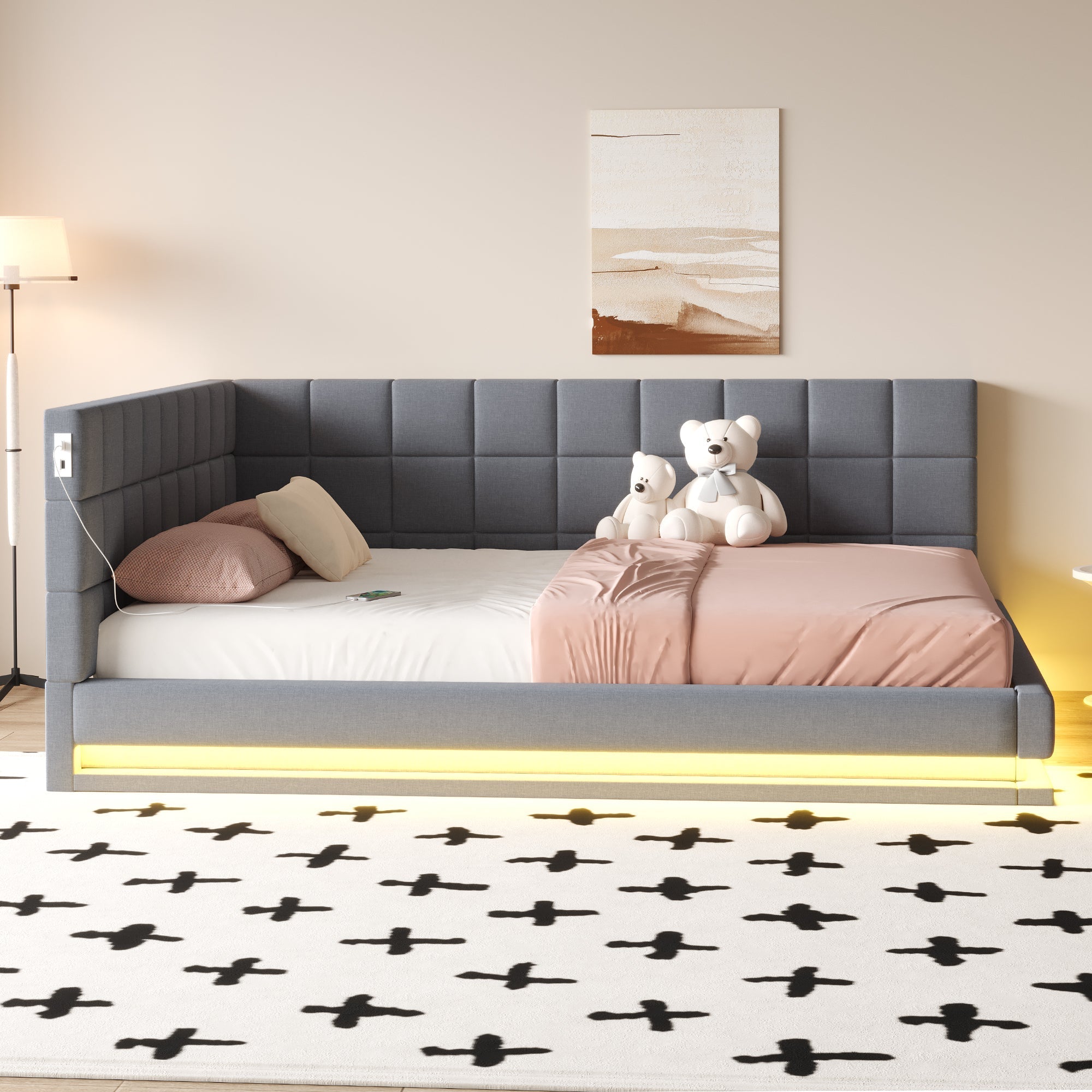 Upholstered Sofa Bed 160*200 Multifunctional with LED & USB, Grey Linen