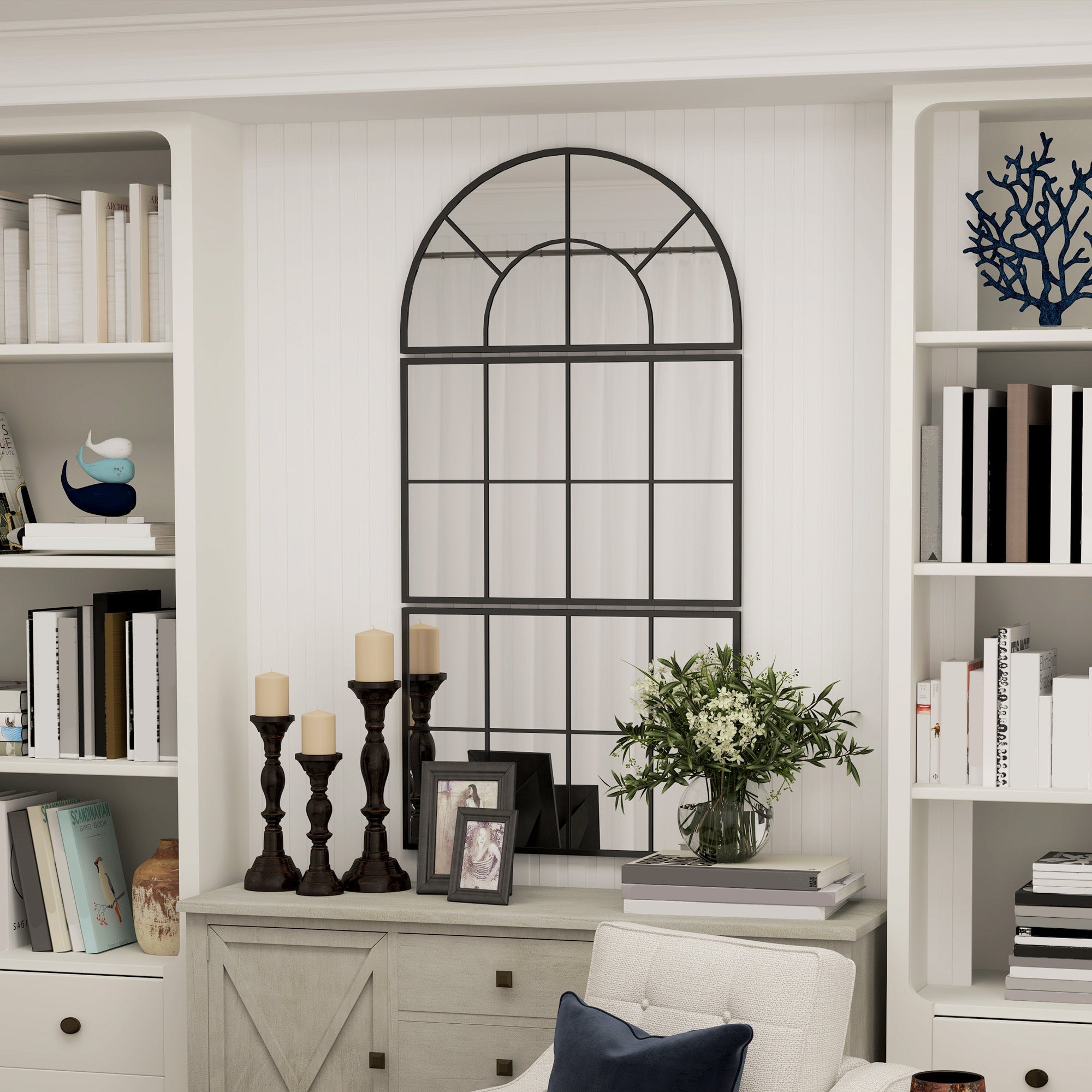 Three-Piece Arched Wall Mirror, Decorative Window Hanging, Black Metal Frame
