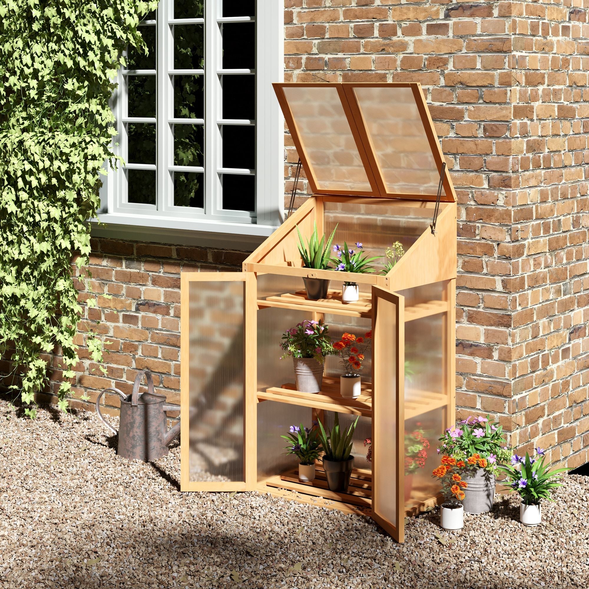 Cold Frame Mini Greenhouse, 70x50x120 cm, Cover, Window, Double Door, 3 Shelves, Wooden Brown
