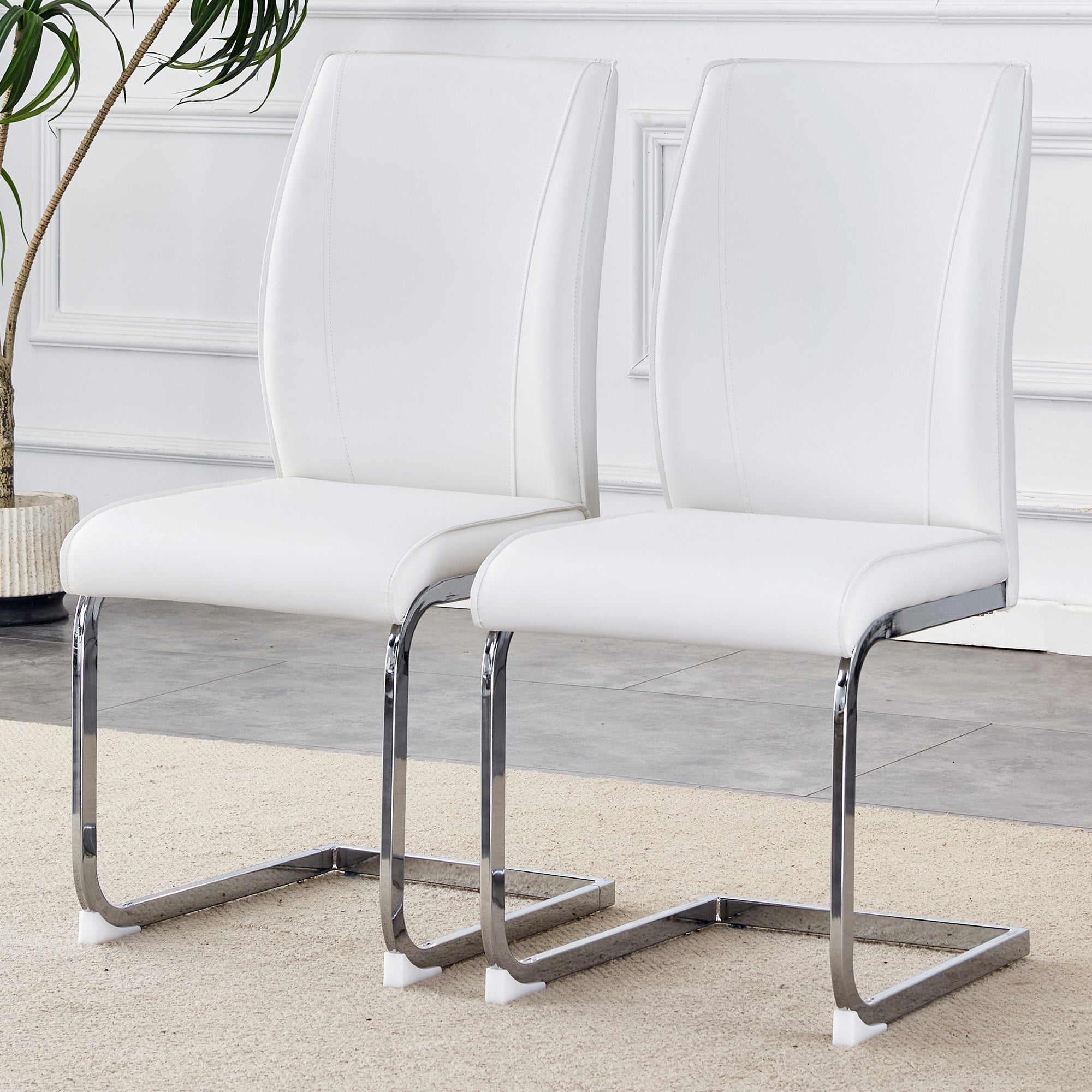 Chairs Set of 2 Elegant Modern PU Comfort Cushion Silver Metal Legs - White
