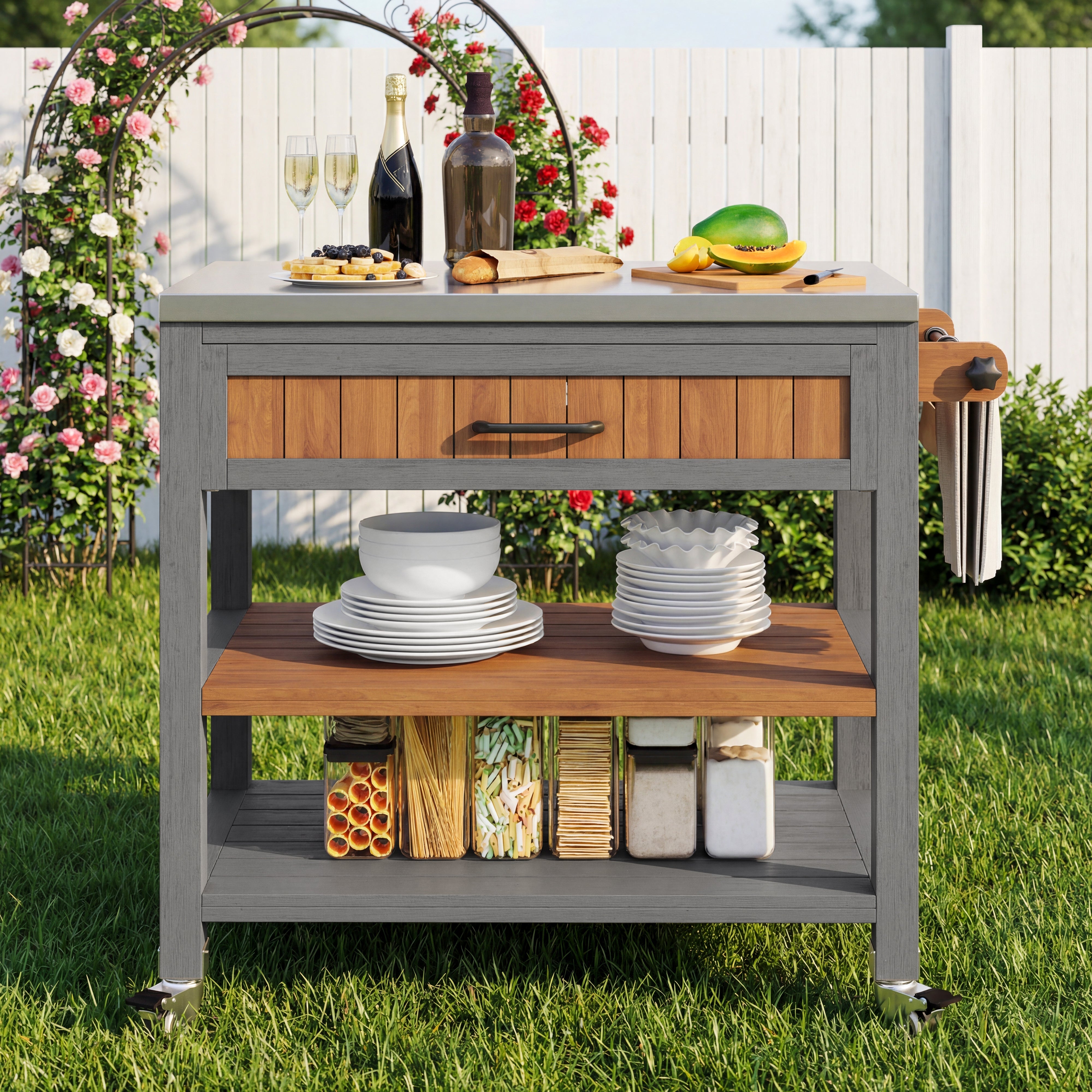 Garden Cabinet with Wheels, Drawer and Towel Rack, Stainless Steel Worktop