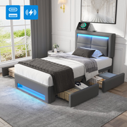 Upholstered Bed 90x190cm USB/Wireless Charging LED 4 Drawers - Grey PU Lychee