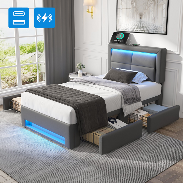 Upholstered Bed 90x190cm USB/Wireless Charging LED 4 Drawers - Grey PU Lychee