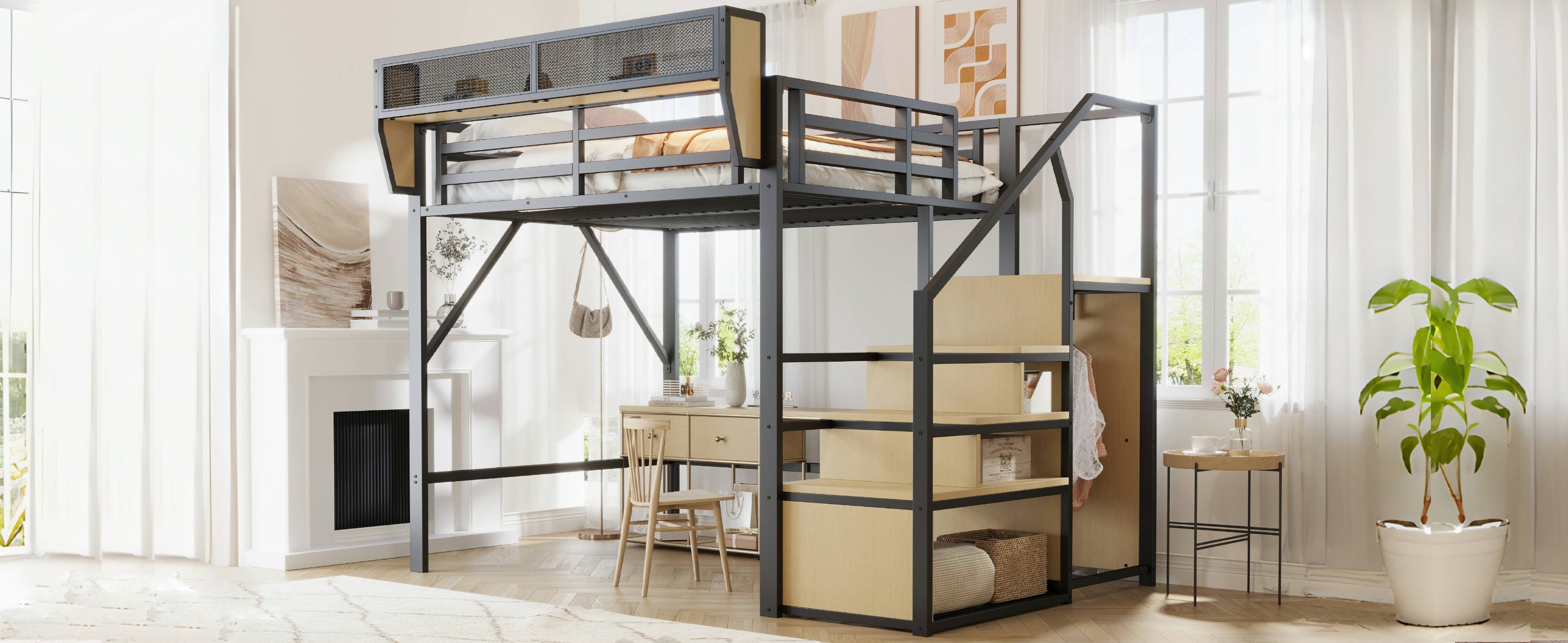 Loft Bed 140x200 Safety Ladder Flexible Storage Metal Black