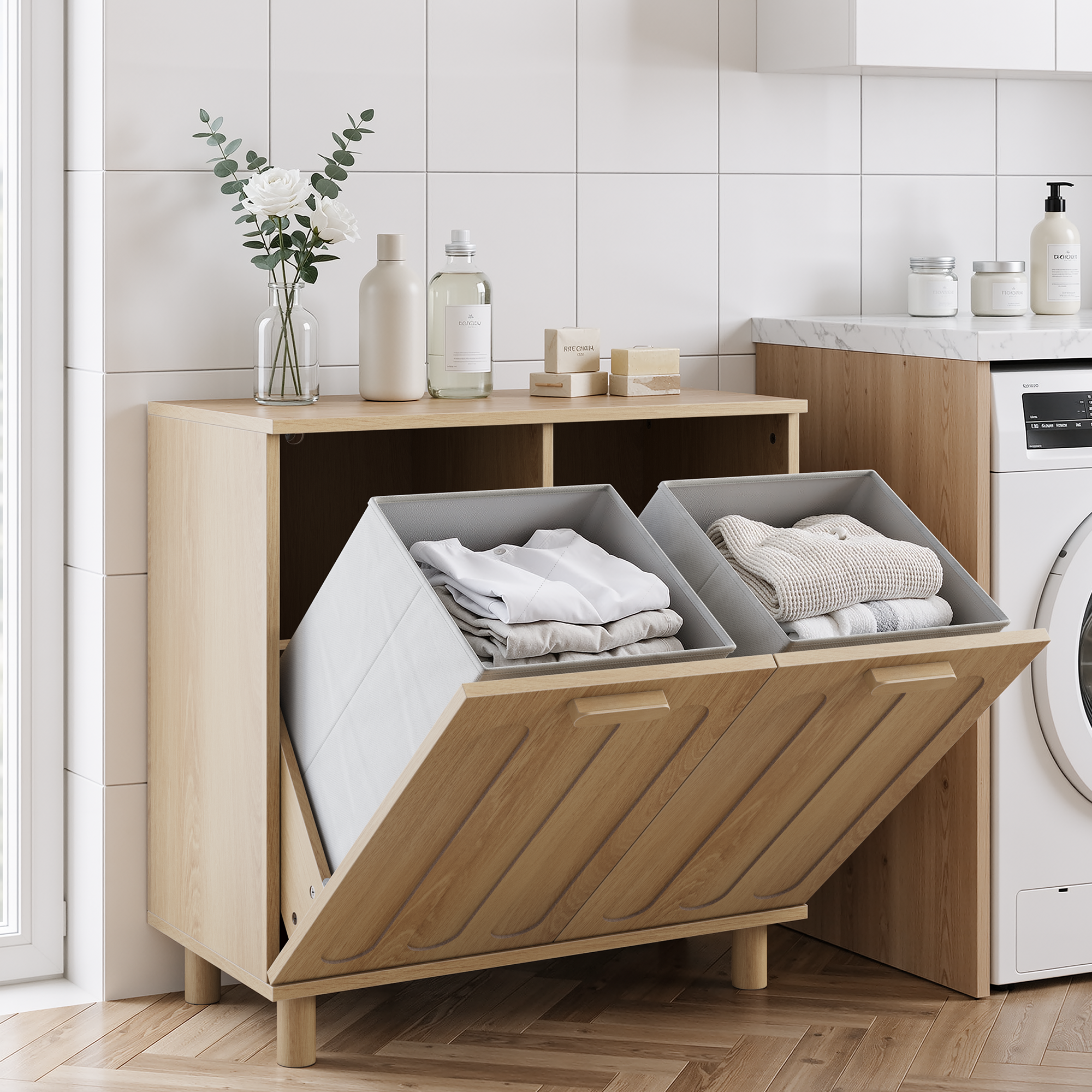 Tilting Laundry Basket with Removable Hamper and Freestanding Storage Shelf, Oak Color
