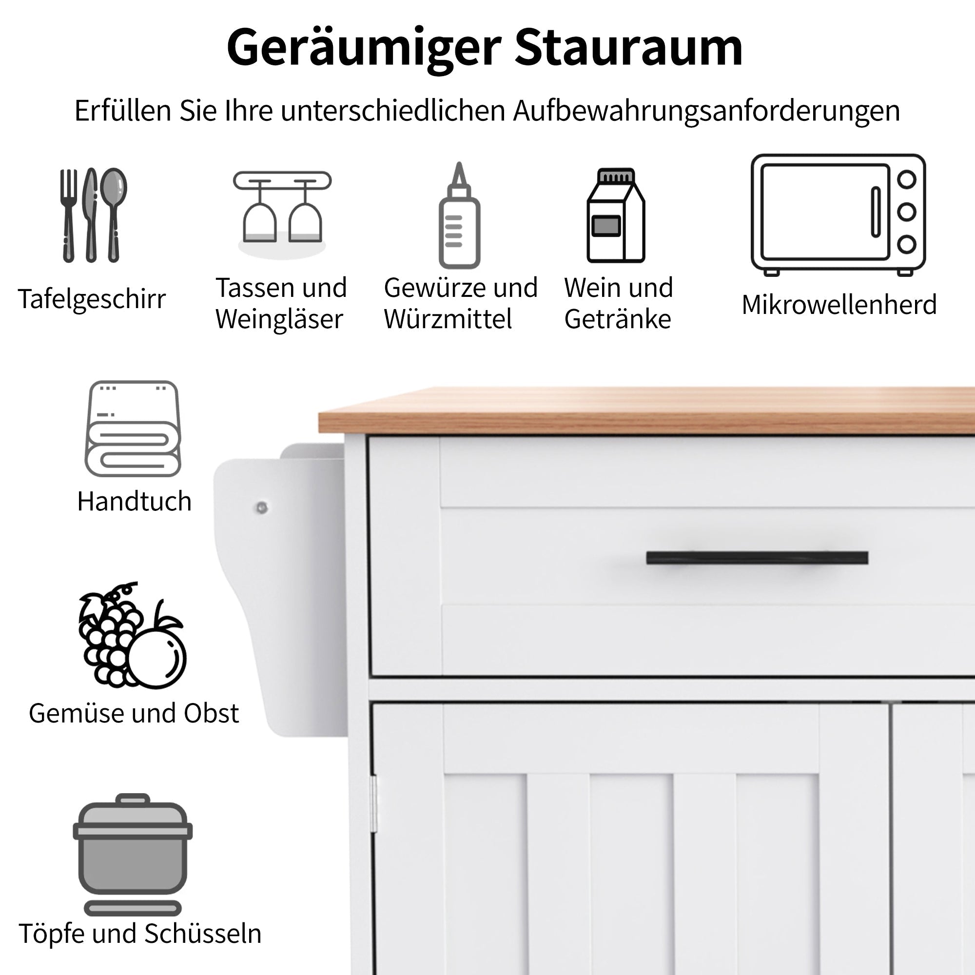 Dining Table Trolley/Sideboard, Folding Top Kitchen Island 5 Wheels 2 Drawers, White
