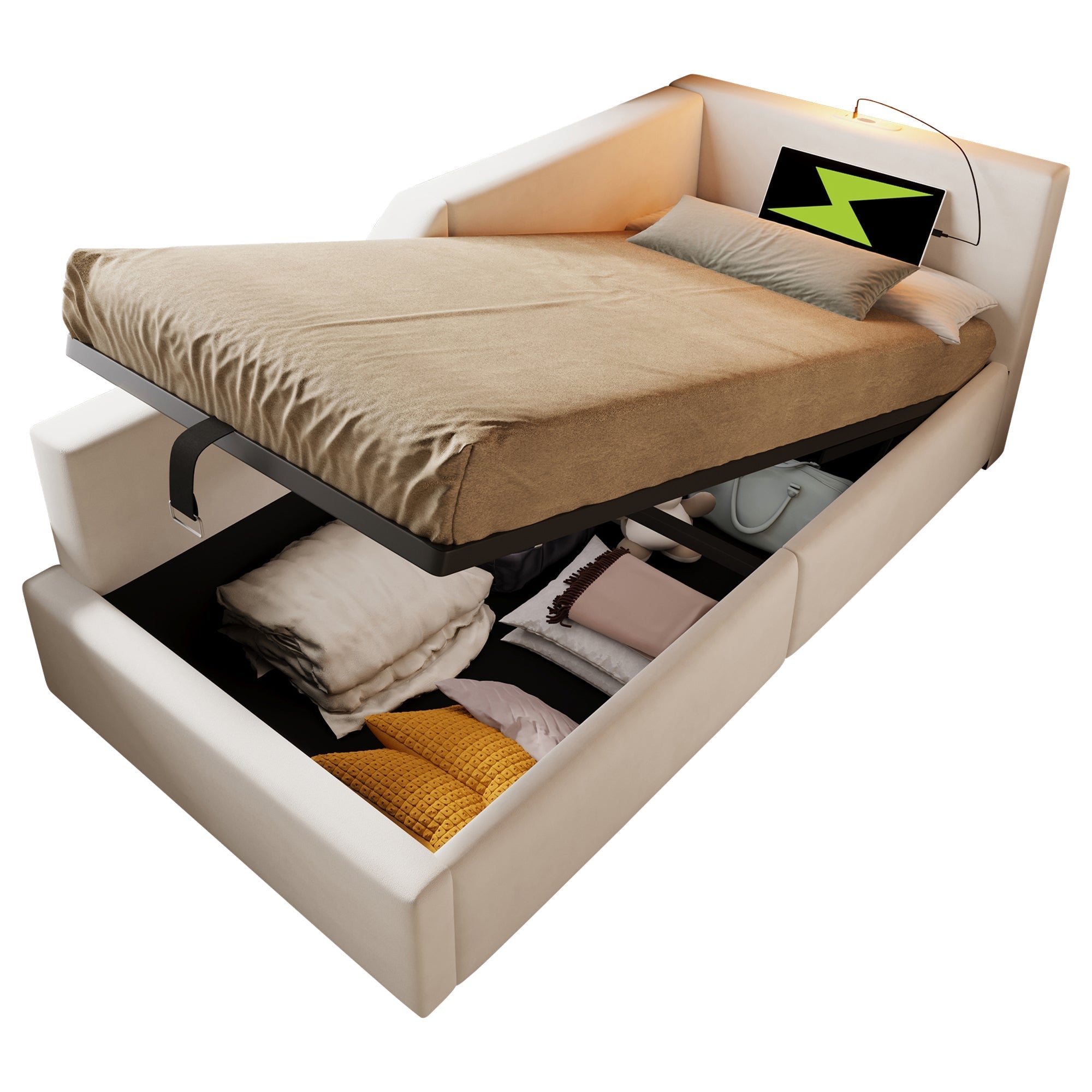 Upholstered Daybed, 90x190cm Sofa Bed with Hydraulic Storage & USB-C, Velvet Beige