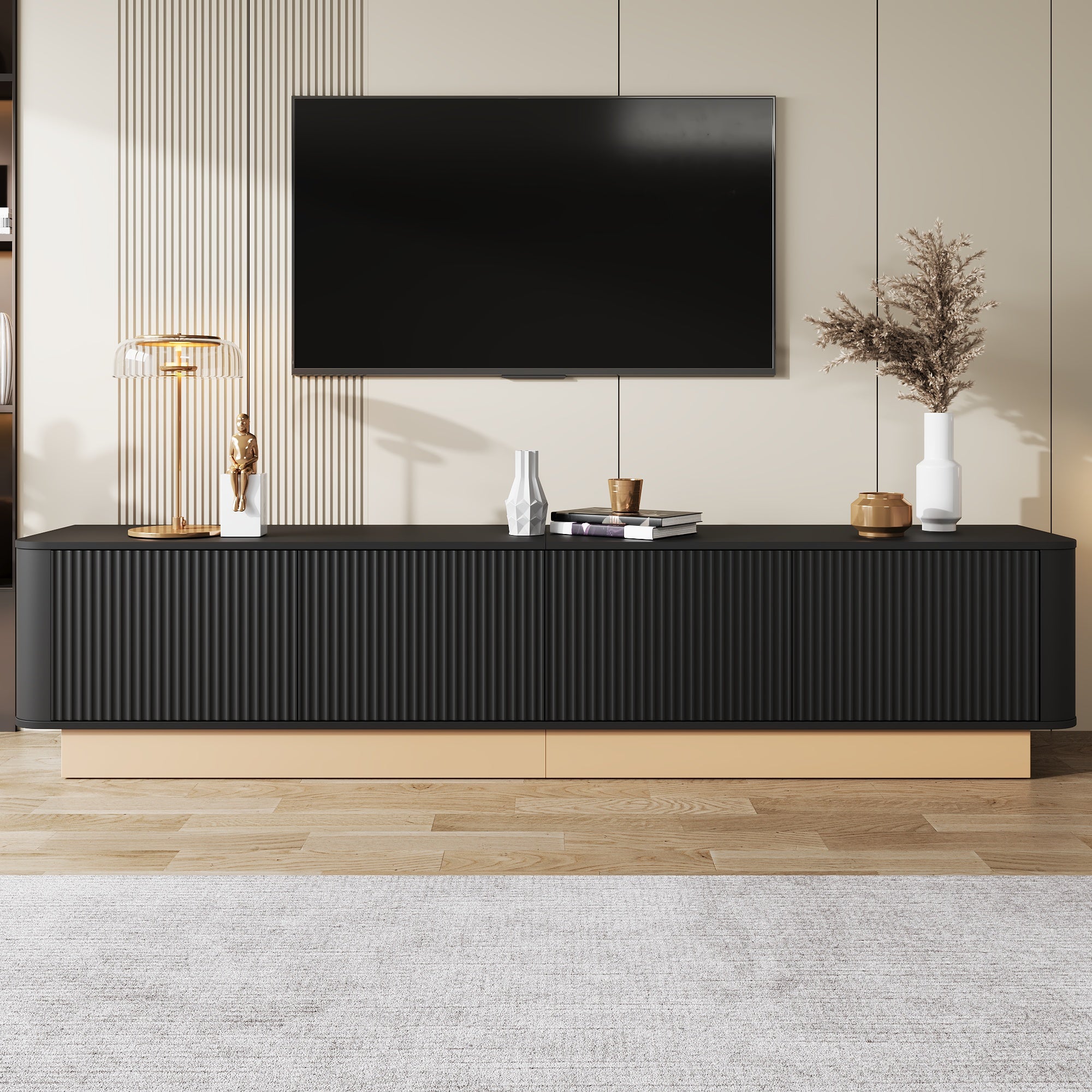 200cm TV Lowboard with 4 Doors and Adjustable Shelves, Modern Minimalist Style, MDF Material