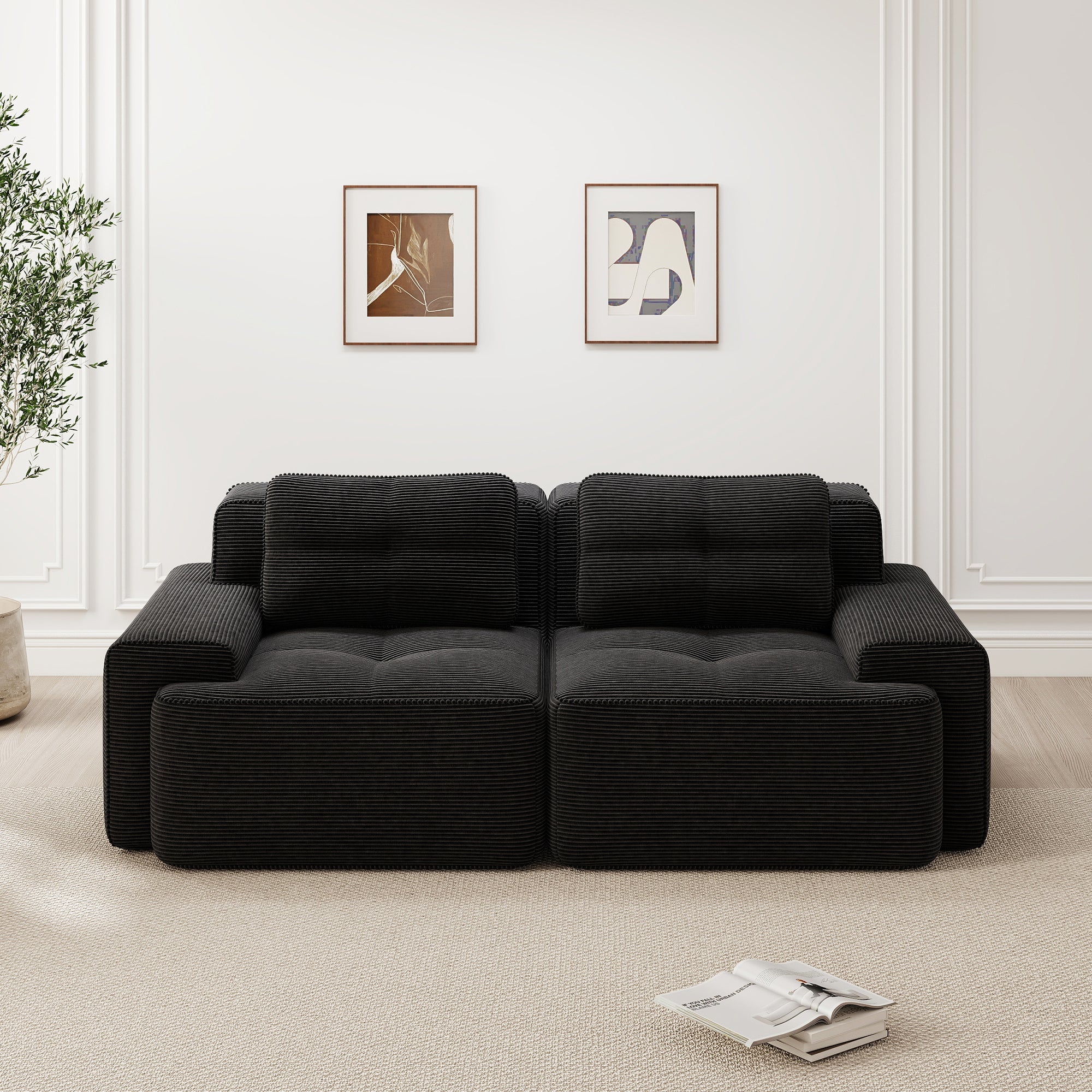 Boneless Modular Sofa Deep Seat Loveseat Sleeper - Corduroy Black