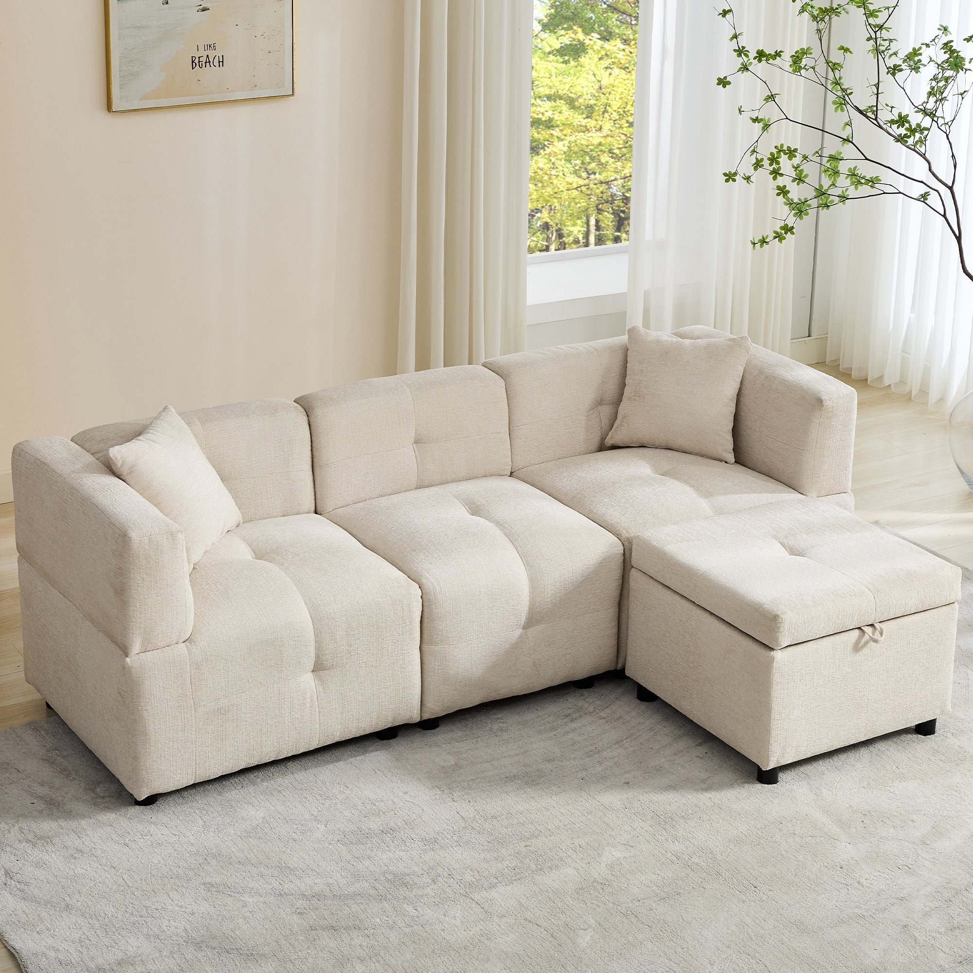 Sectional Sofa Couch 80" with Removable Storage Ottoman & 2 Pillows, L-Shaped Fabric, Beige