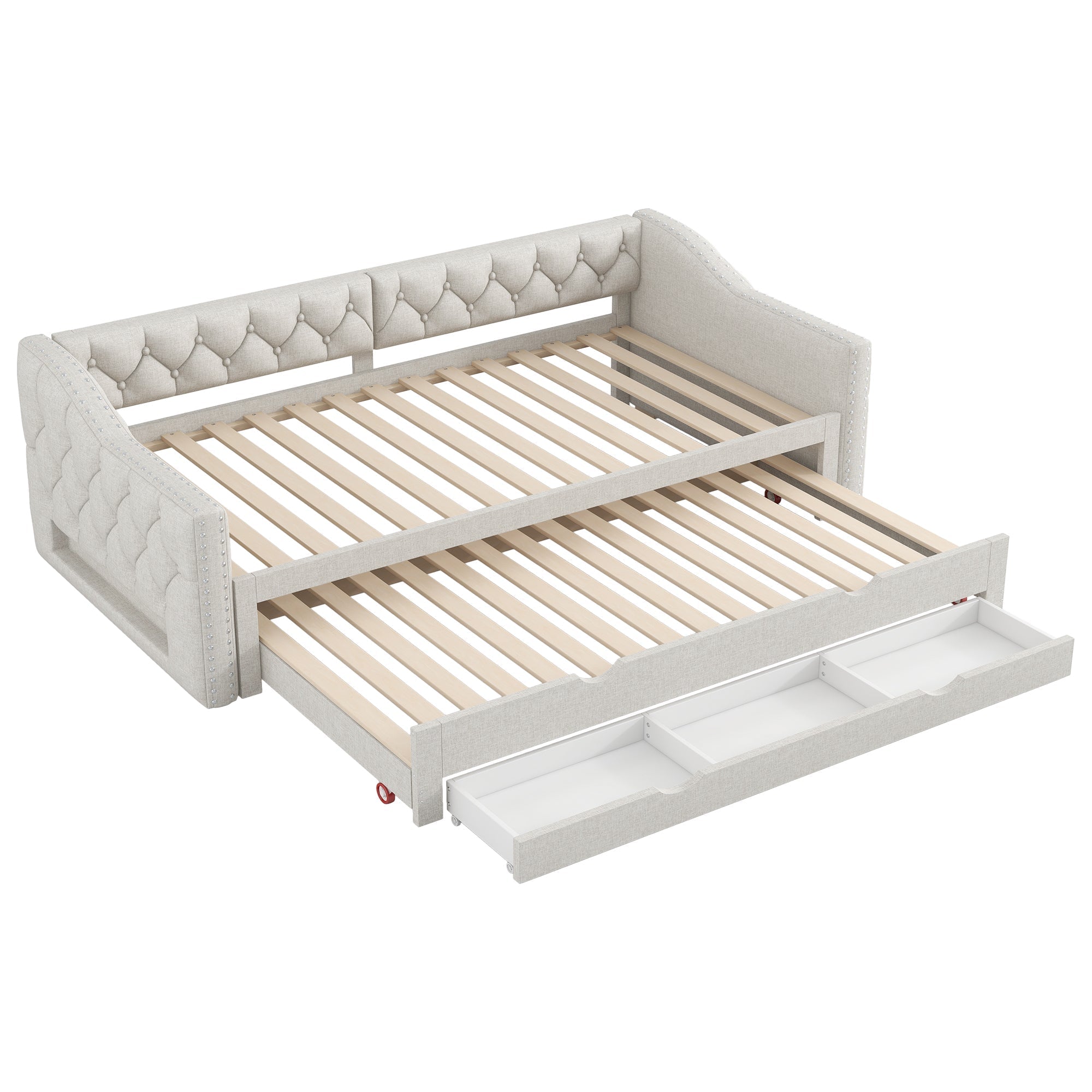 Upholstered Daybed 90x200 LED Pull-Out Bed 3 Drawers - Beige