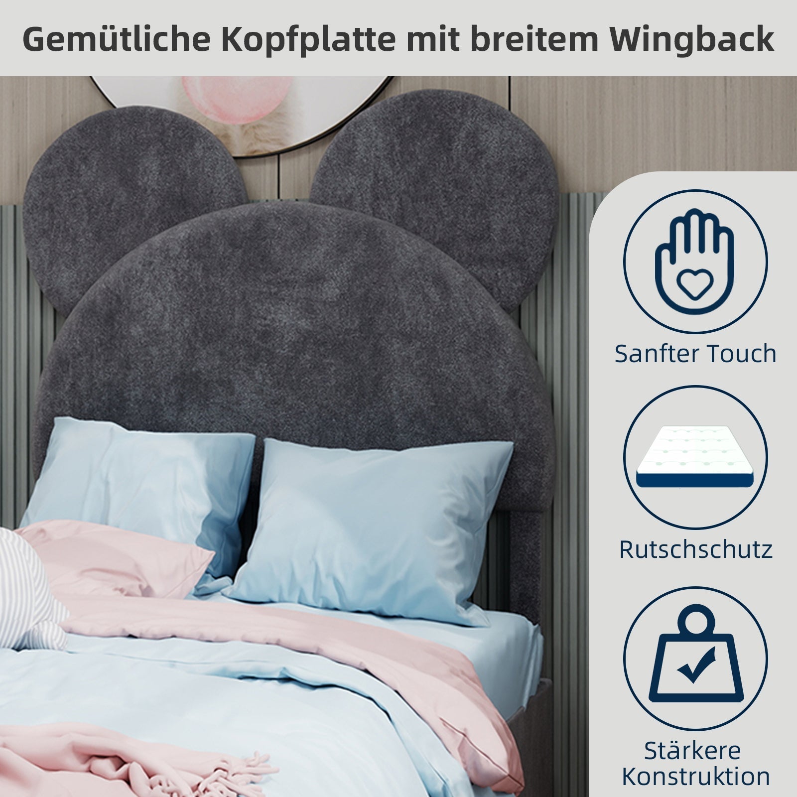 Upholstered Bed, Minimalist with Cartoon Headboard, 90x200 cm, Grey