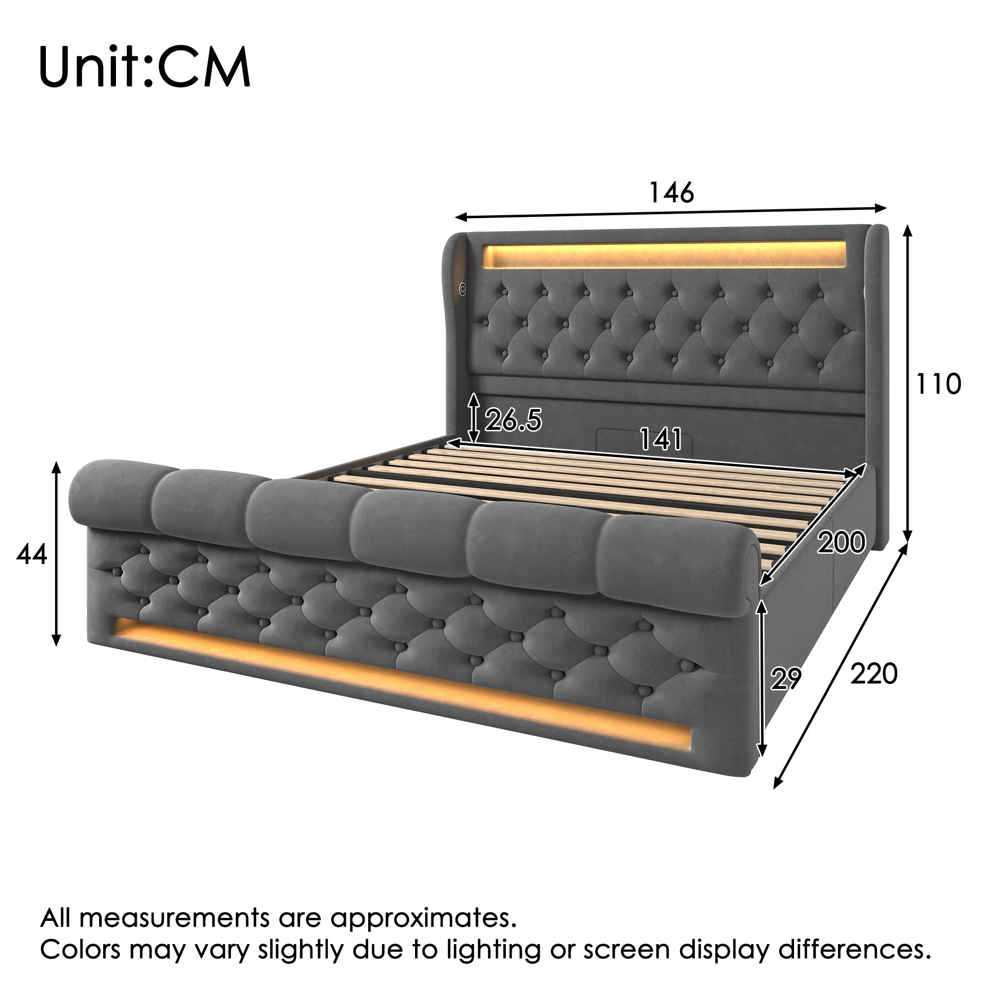 Upholstered Double Bed 140x200cm LED Headboard USB Hydraulic Storage, Grey Velvet