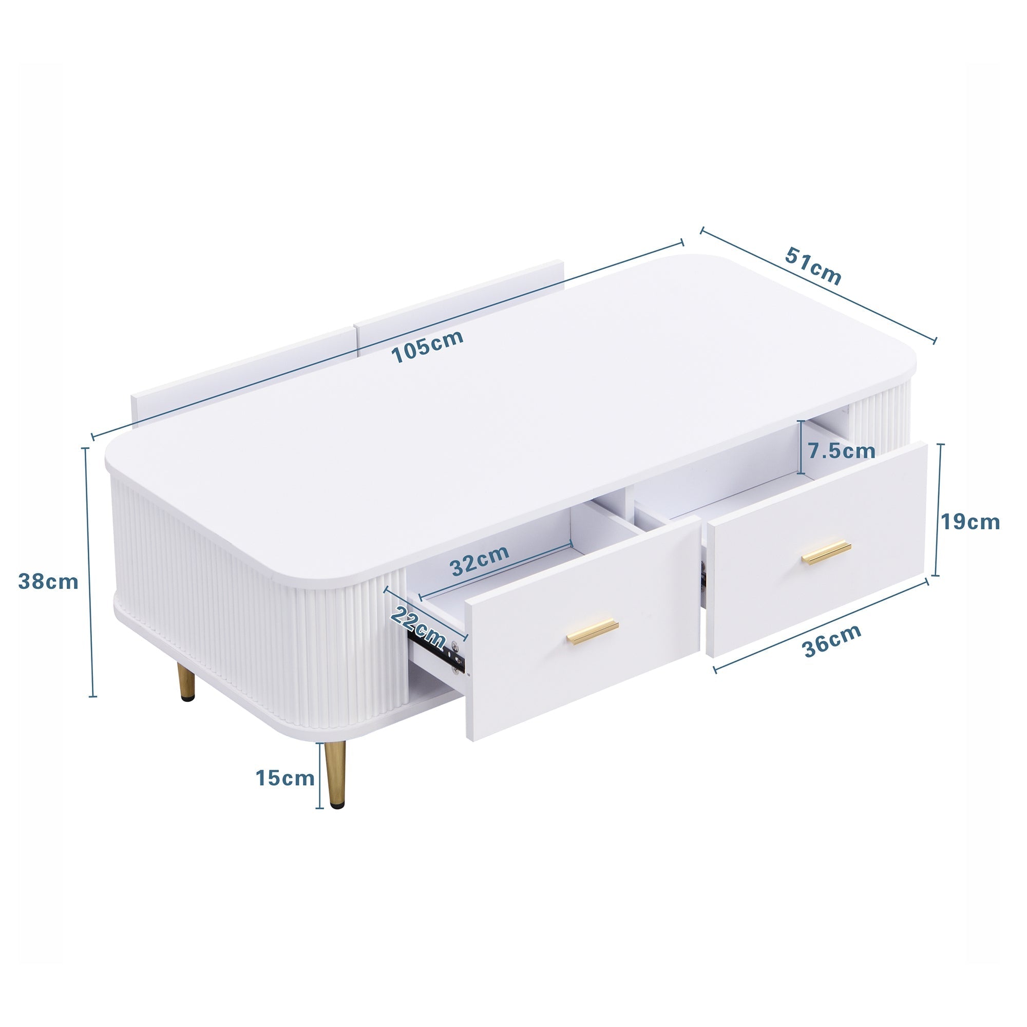 Coffee Table with Drawers, Curved Corners, Wavy Sides, Gold