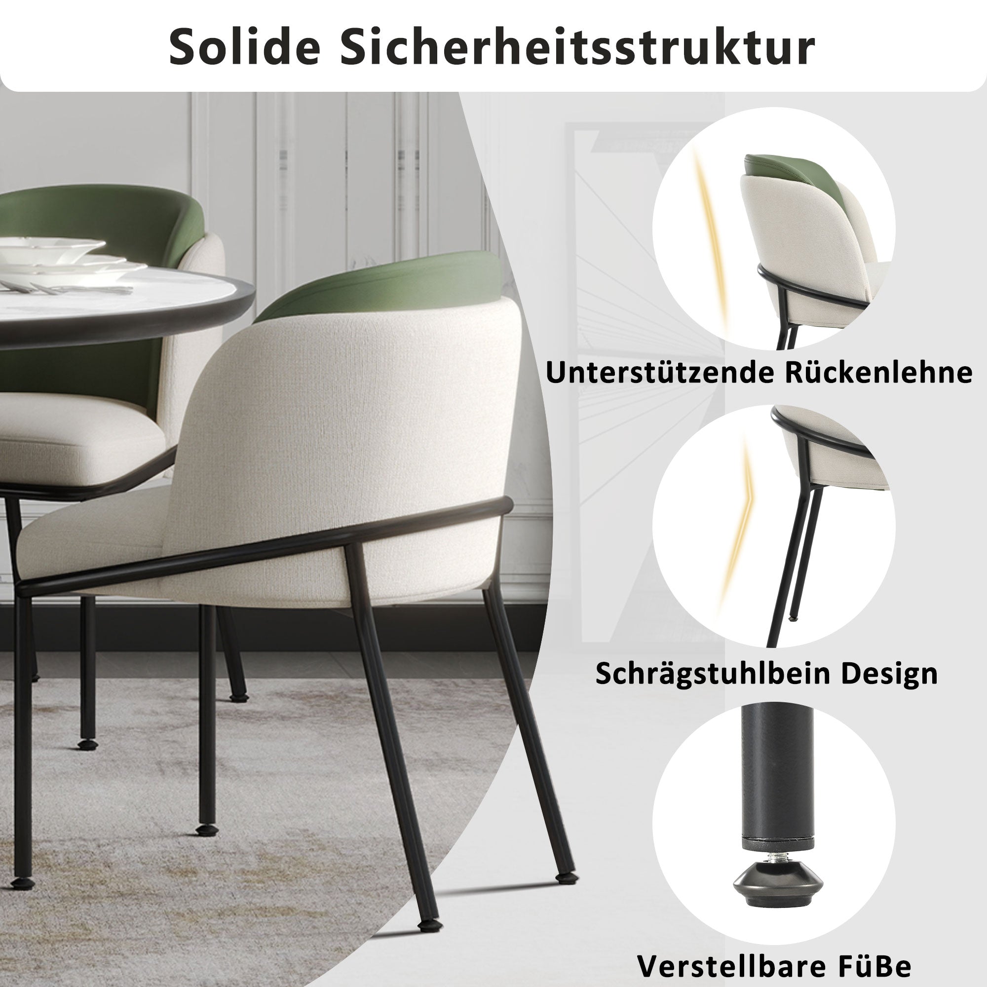 4 Modern Chairs Angled Legs Adjustable Feet - Beige/Green