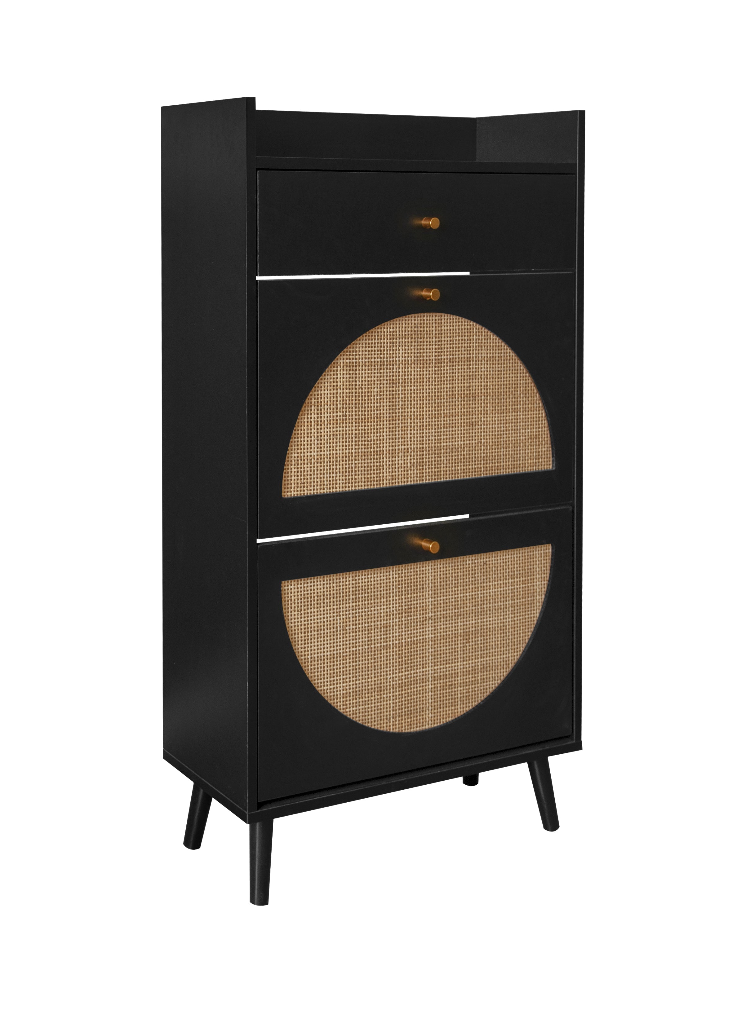 Shoe Cabinet with Two Doors, Drawer, Double Shelf, Black Rattan