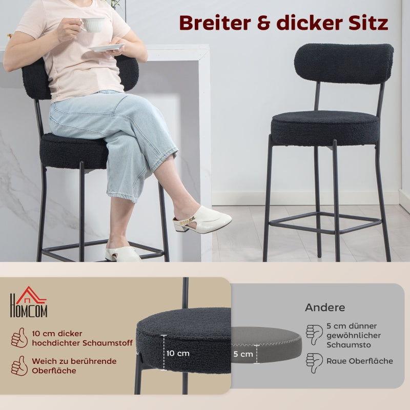 Set of 2 Bar Stools Upholstered Seat Footrest Fleece Cover - Black