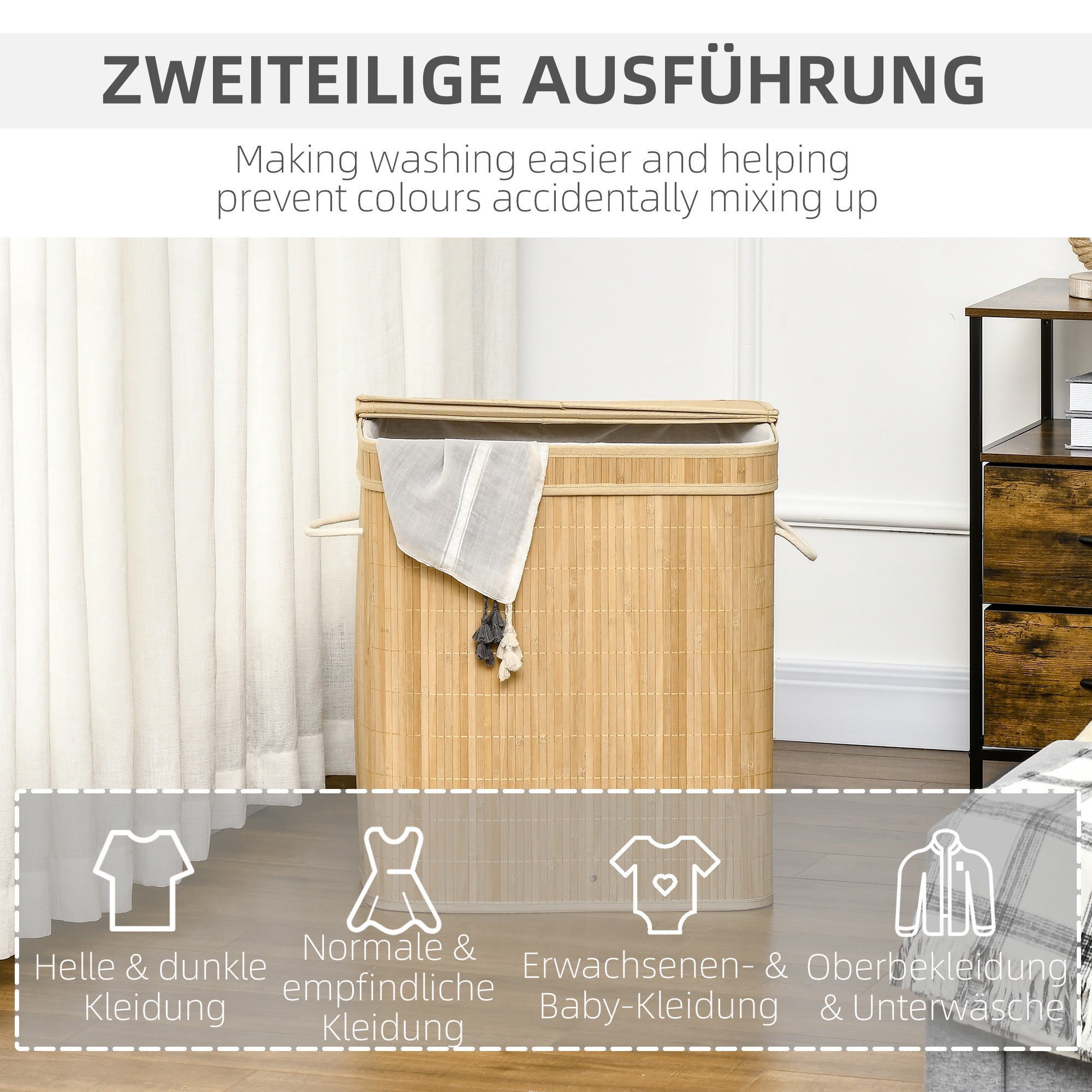 Bamboo laundry basket with lid and handles 90 liter 2 sections with removable fabric bag