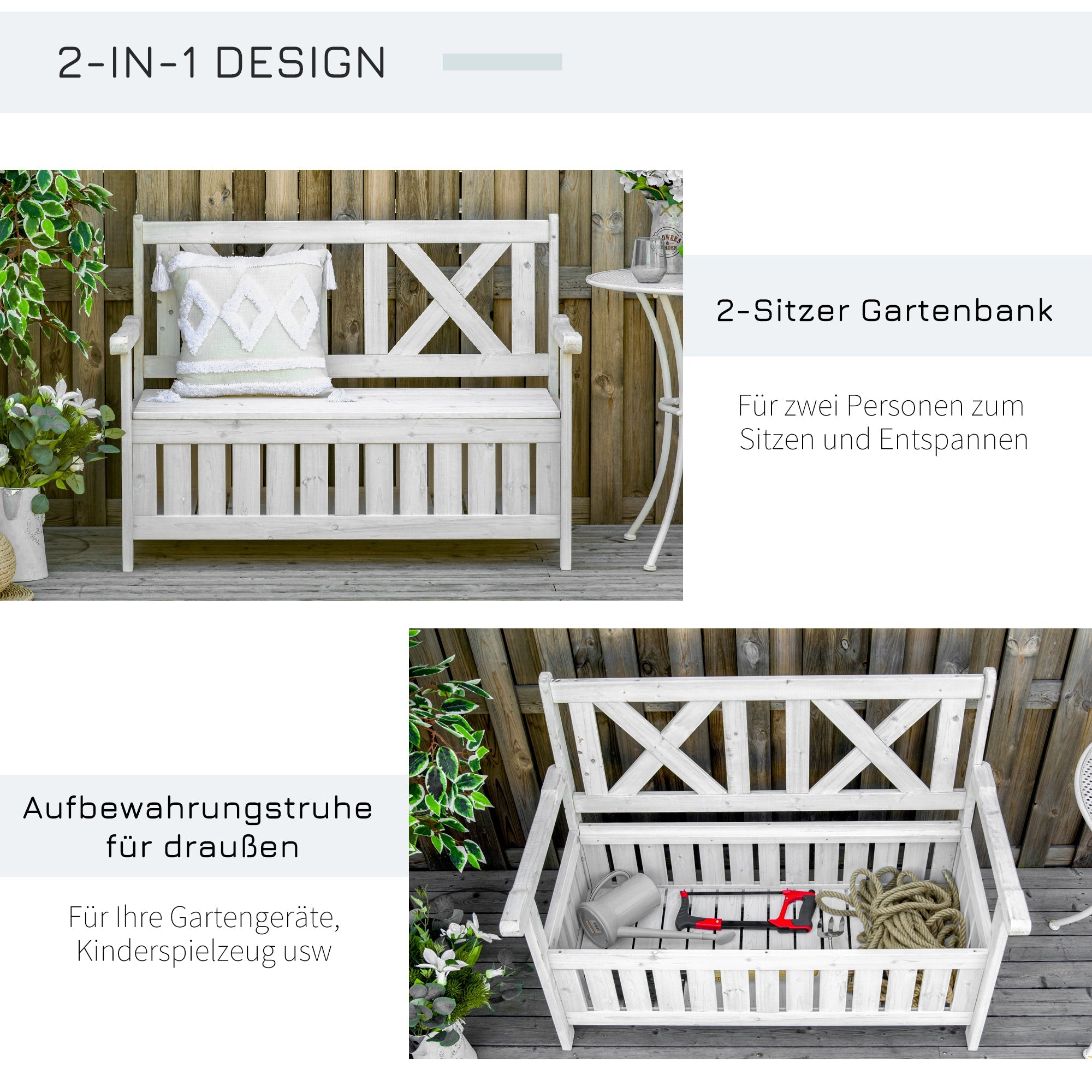 2-Seater Garden Bench, Storage High Back/Armrests Weatherproof, Fir Wood