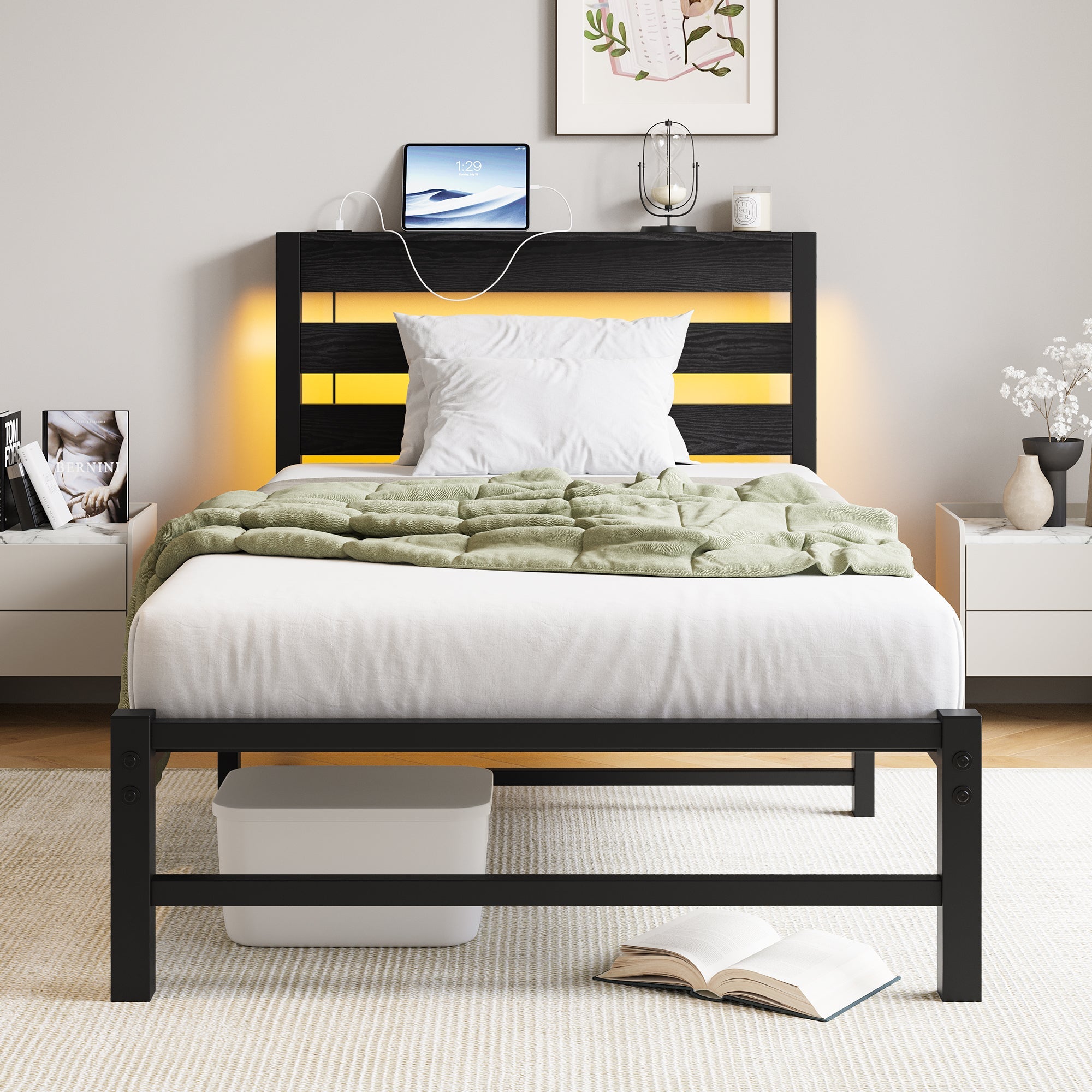 Metal Bed Frame 90x200 with LED Light USB Charging & Under-Bed Storage