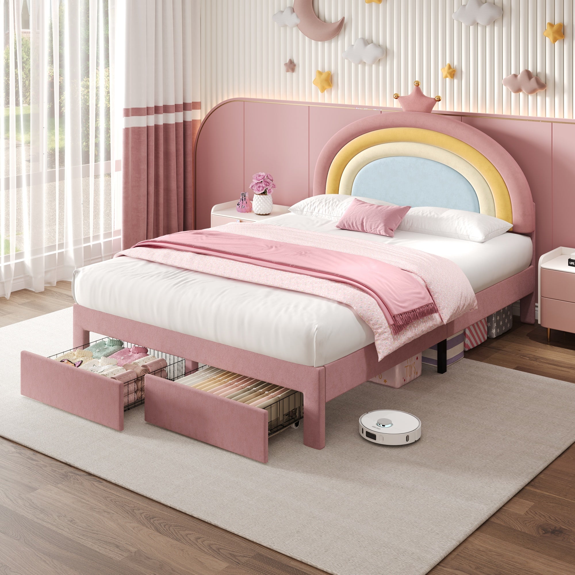 Bed - 4ft6 Double Upholstered with Adjustable Rainbow Crown Headboard & Storage Drawer, Soft Velvet, Pink