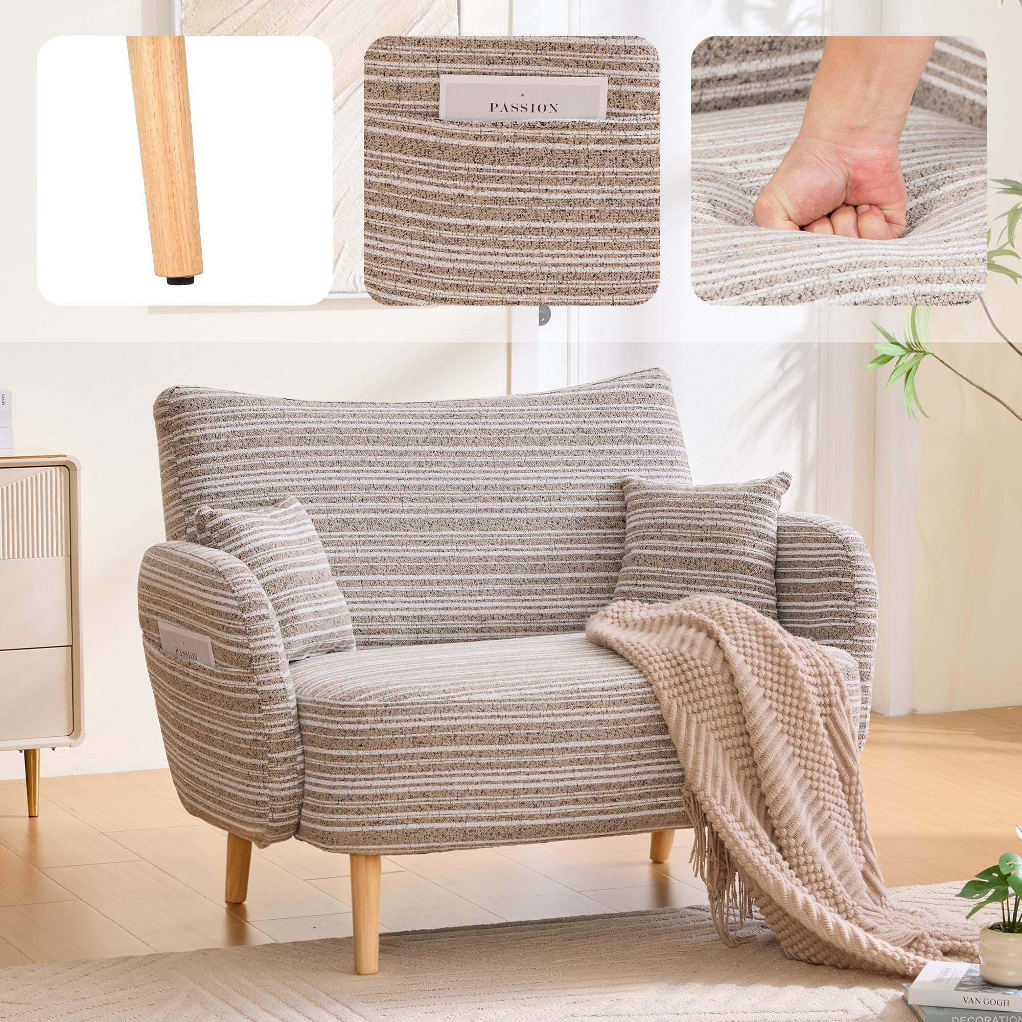 Modern Two-Seater Sofa with Armrest Cushions and Storage Bag, Loop Fabric