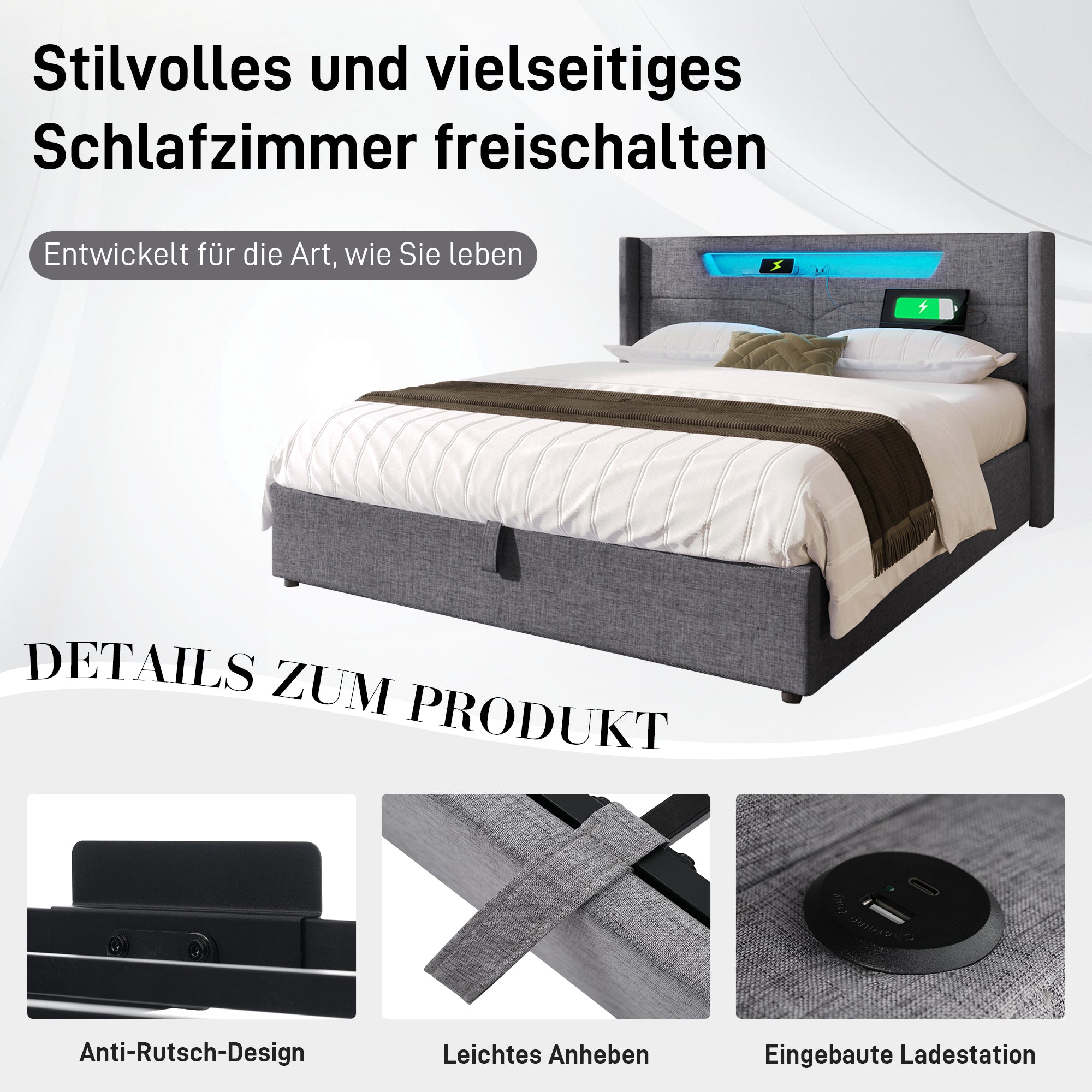 Upholstered Bed, LED Double with USB Type C & Storage, Linen
