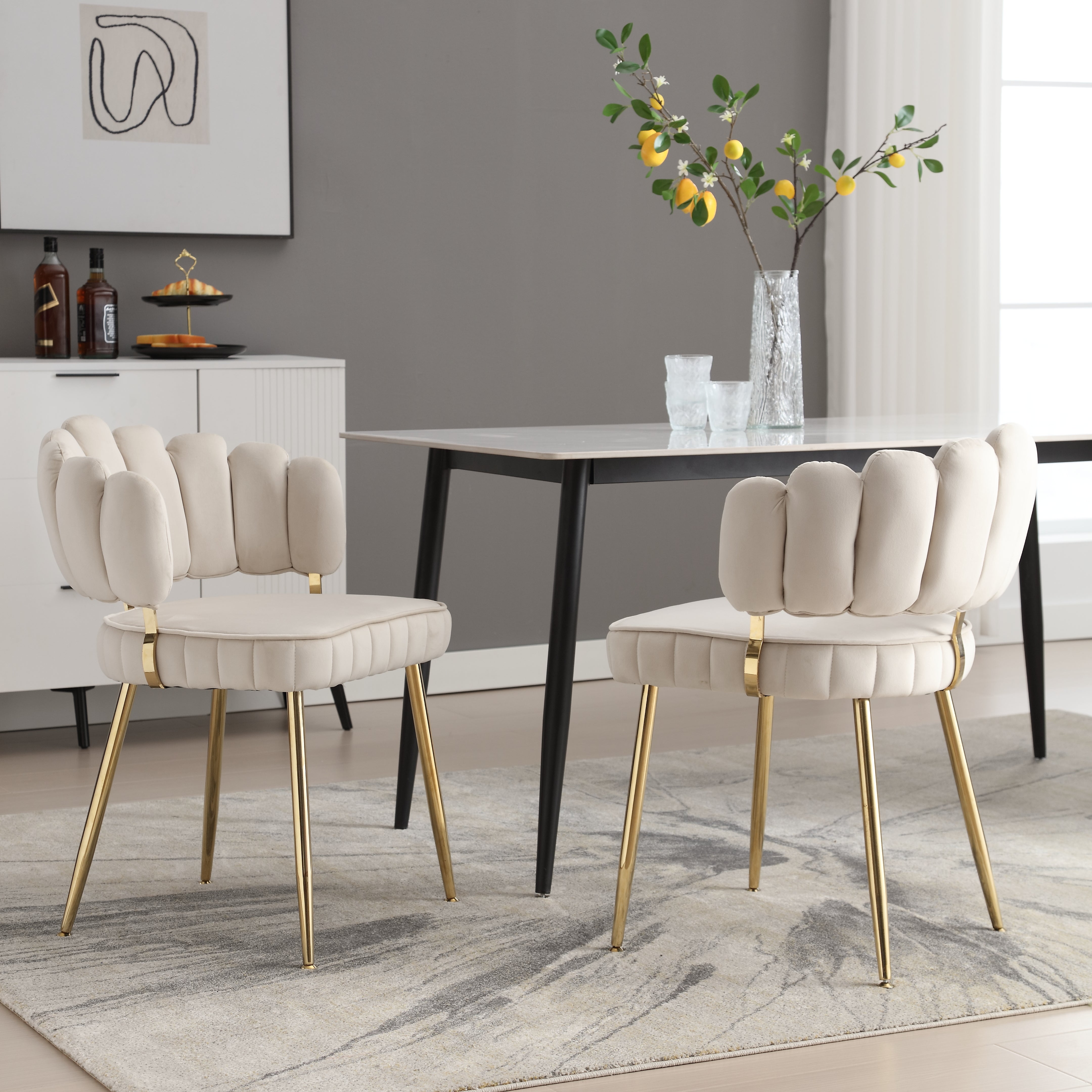 Luvian Armchair, Velvet, Floral Backrest, Metal Legs (Set of 2)