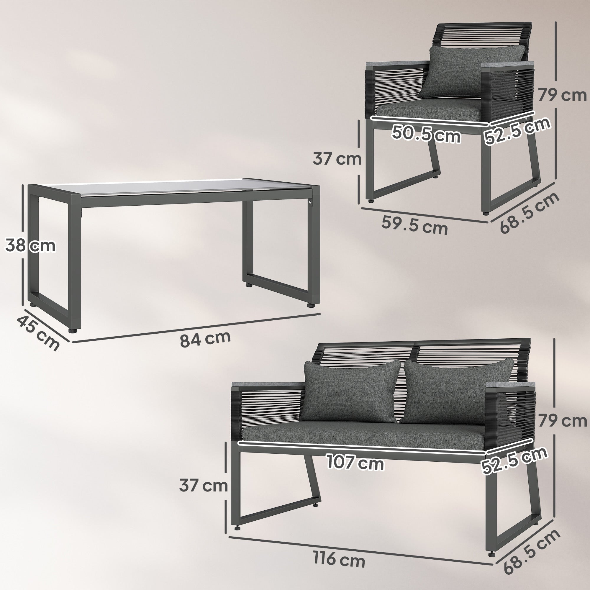 4 Pieces Garden Furniture Set, Rattan, Charcoal Grey