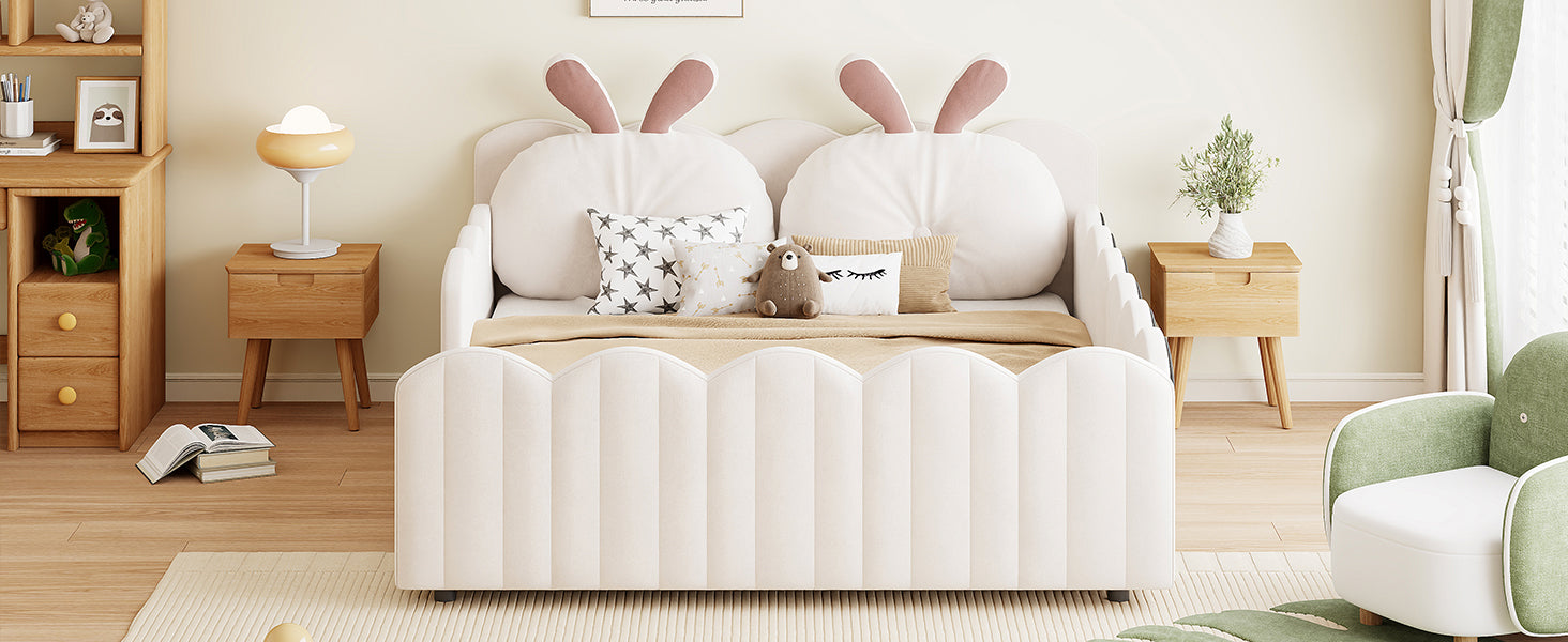 Upholstered Platform Bed with Rabbit-Shaped Cushions, 140x200cm, Beige Velvet