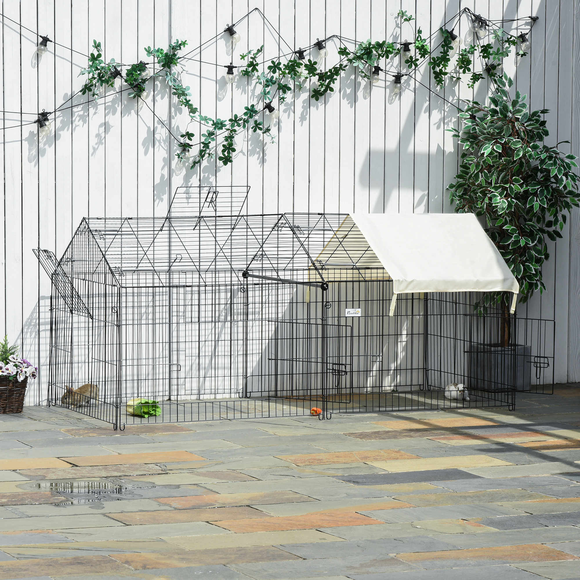 Outdoor Enclosure, Sun Protection, Rabbit Hutch, Metal, Beige and Black