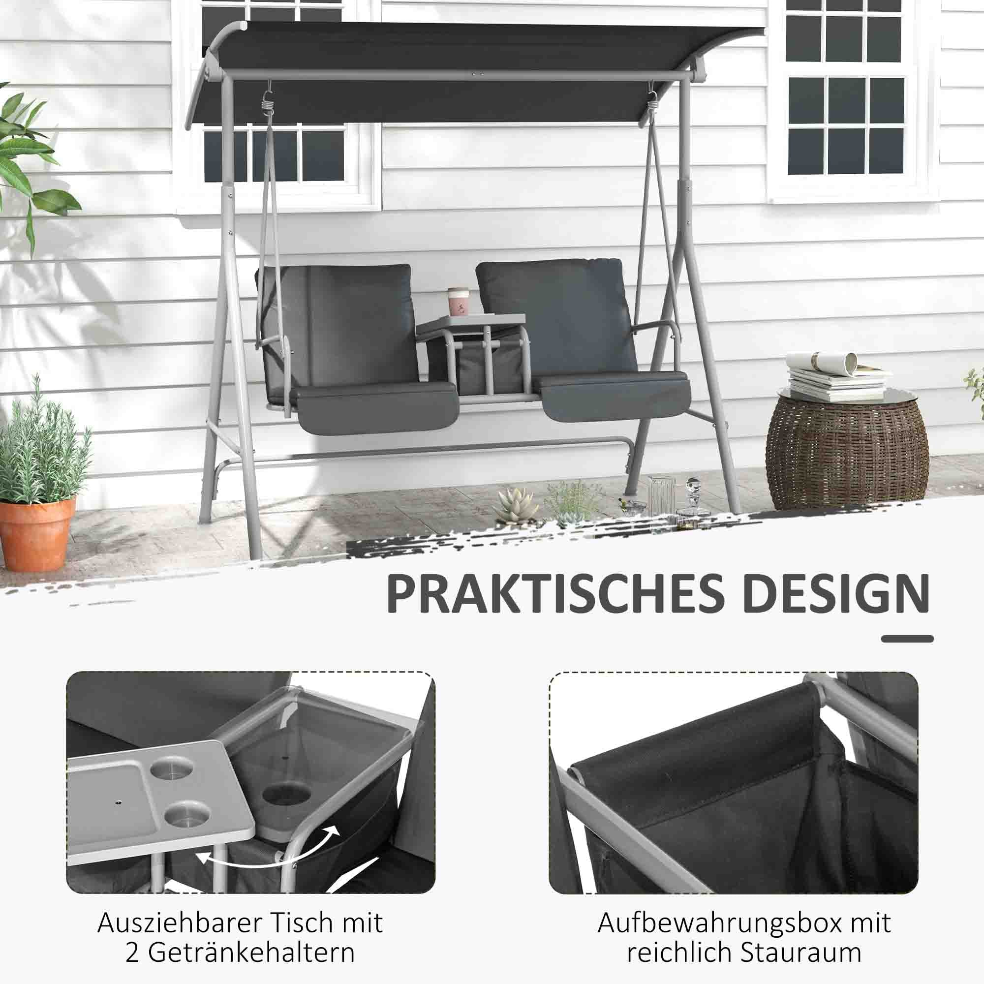 Hollywood Swing 2-Seater Bench with Canopy, Tray, 180 kg Load, Black