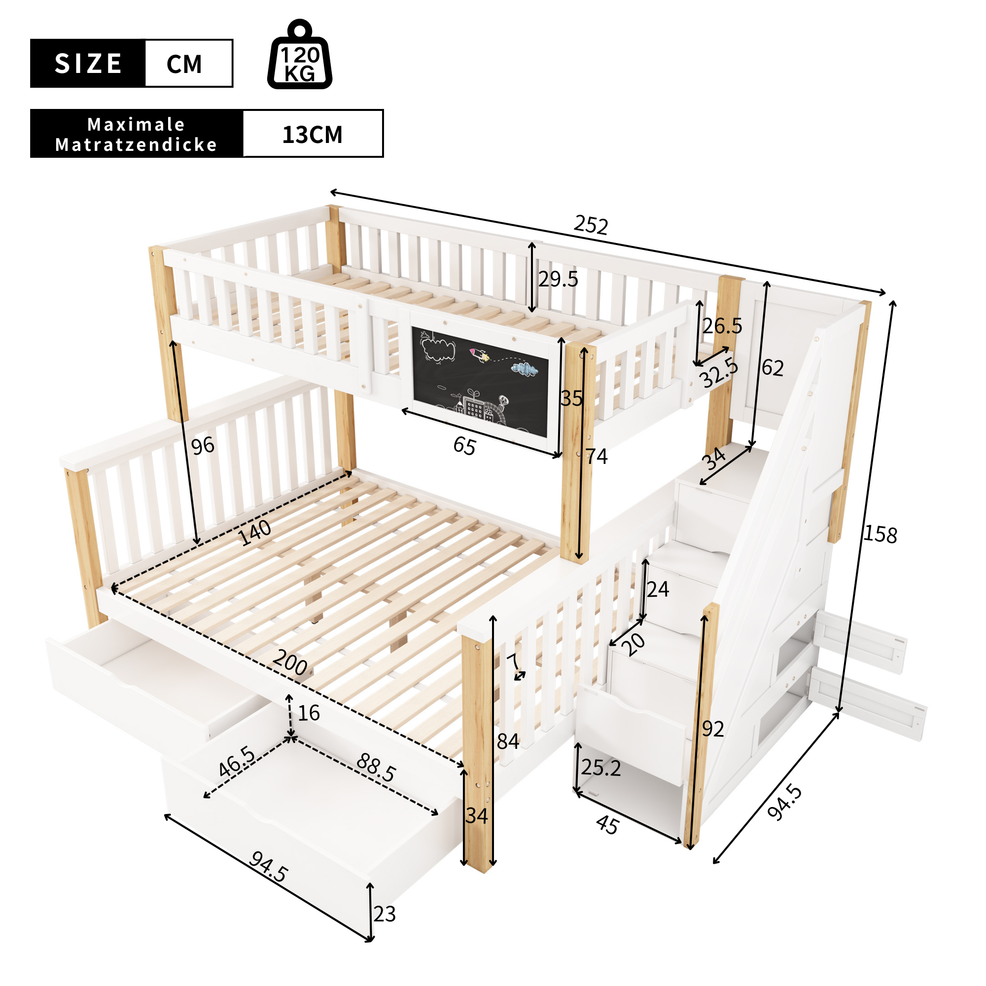 Children's Bunk Bed Multifunctional Chalkboard Drawers 90x200/140x200 - White/Light Oak
