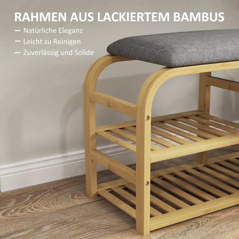 2-stufige Schuhbank, ausziehbarer Korb, 2 Schuhablagen, Bambus Grau