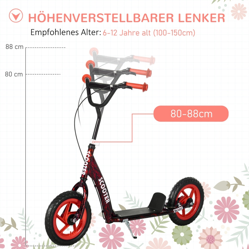 Children's Kick Scooter with Height-Adjustable Handlebar, Brake and Kickstand, Red