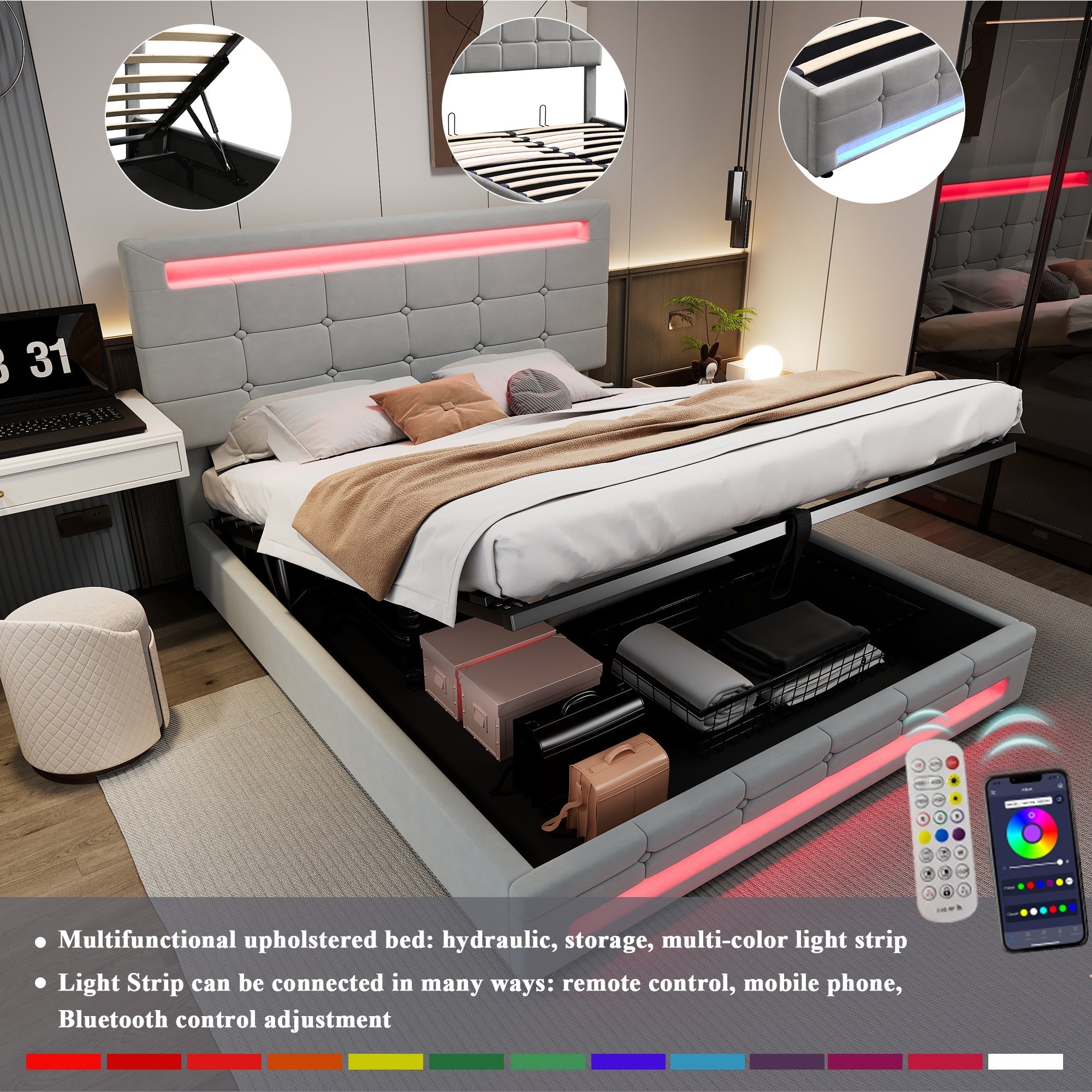 Upholstered Hydraulic Bed, 4ft6 Double 135x190cm with Square Embellishment and 7-Color LED Strips, Grey Velvet+Iron